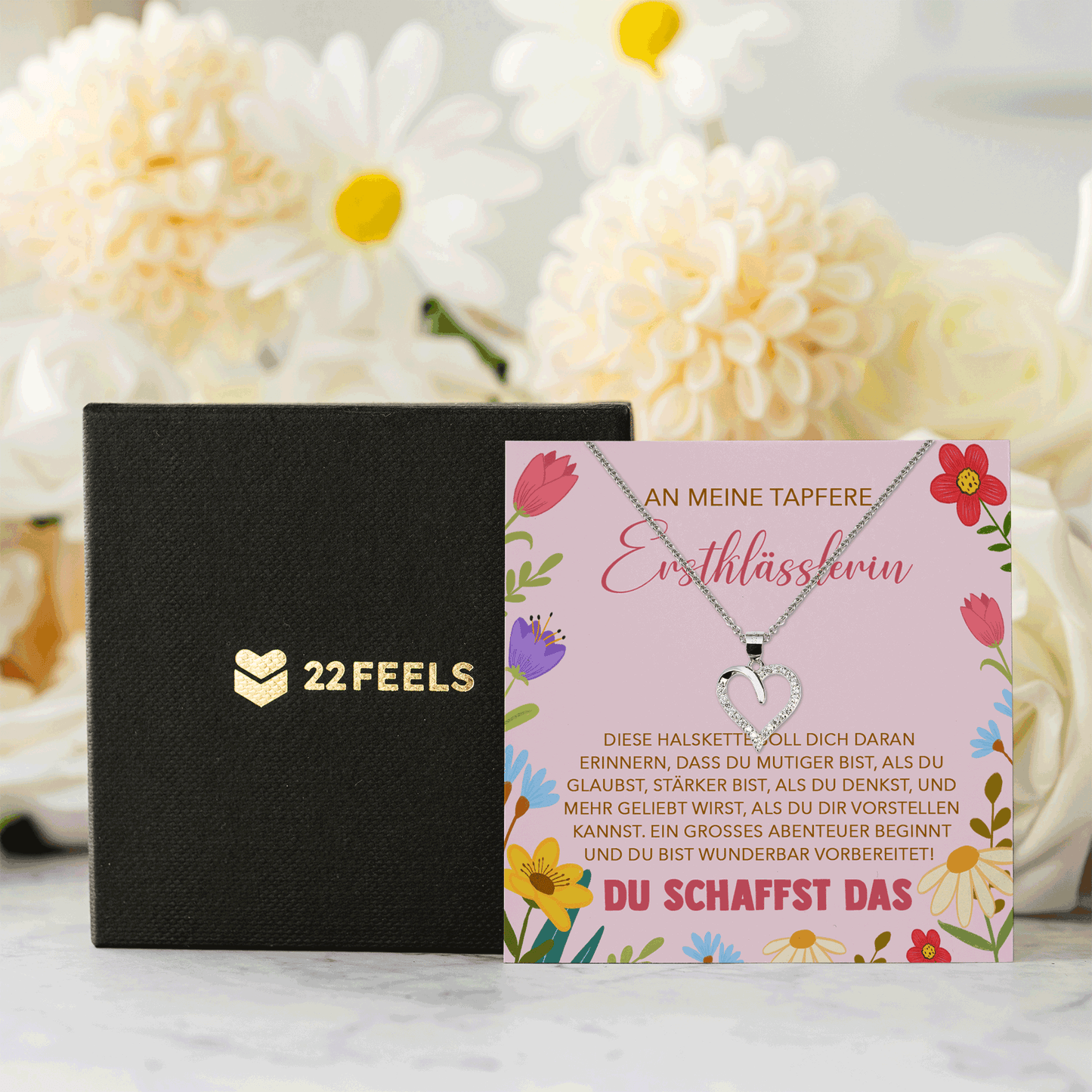 22Feels® Mädchen Einschulung Geschenk zum Schulanfang 1. Klasse - Silber 925/000 Herz Halskette Kinder-Schmuck - Glückwunsch Erstklässlerin Idee Patenkind Tochter Enkelin Nichte-Schmuck mit Botschaftskarte - Herz21-22Feels