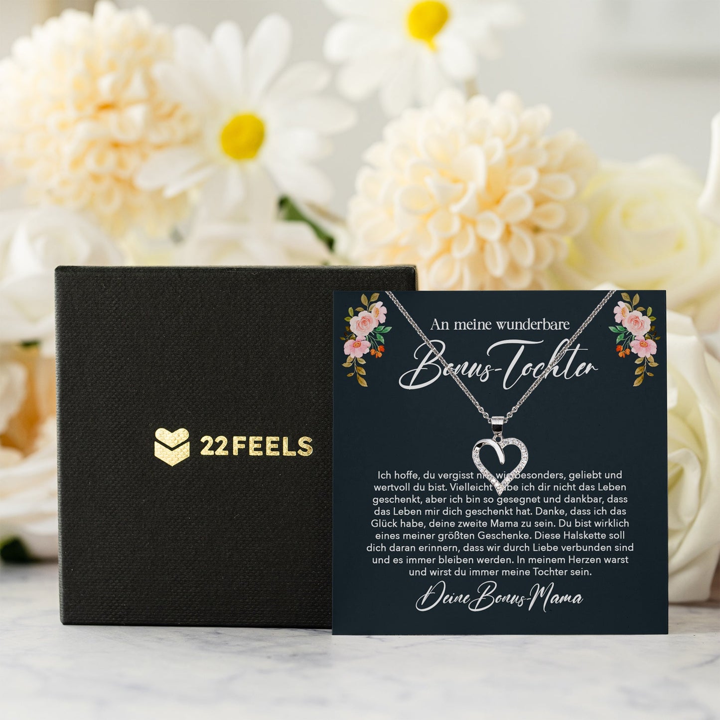 22Feels® Stieftochter Geschenk von Stiefmama Silber 925/000 Herz Halskette mit Karte Bonus Tochter Mädchen Frauen Schmuck Geburtstag Weihnachten Firmung Konfirmation etc.-Schmuck mit Botschaftskarte - Herz21-22Feels