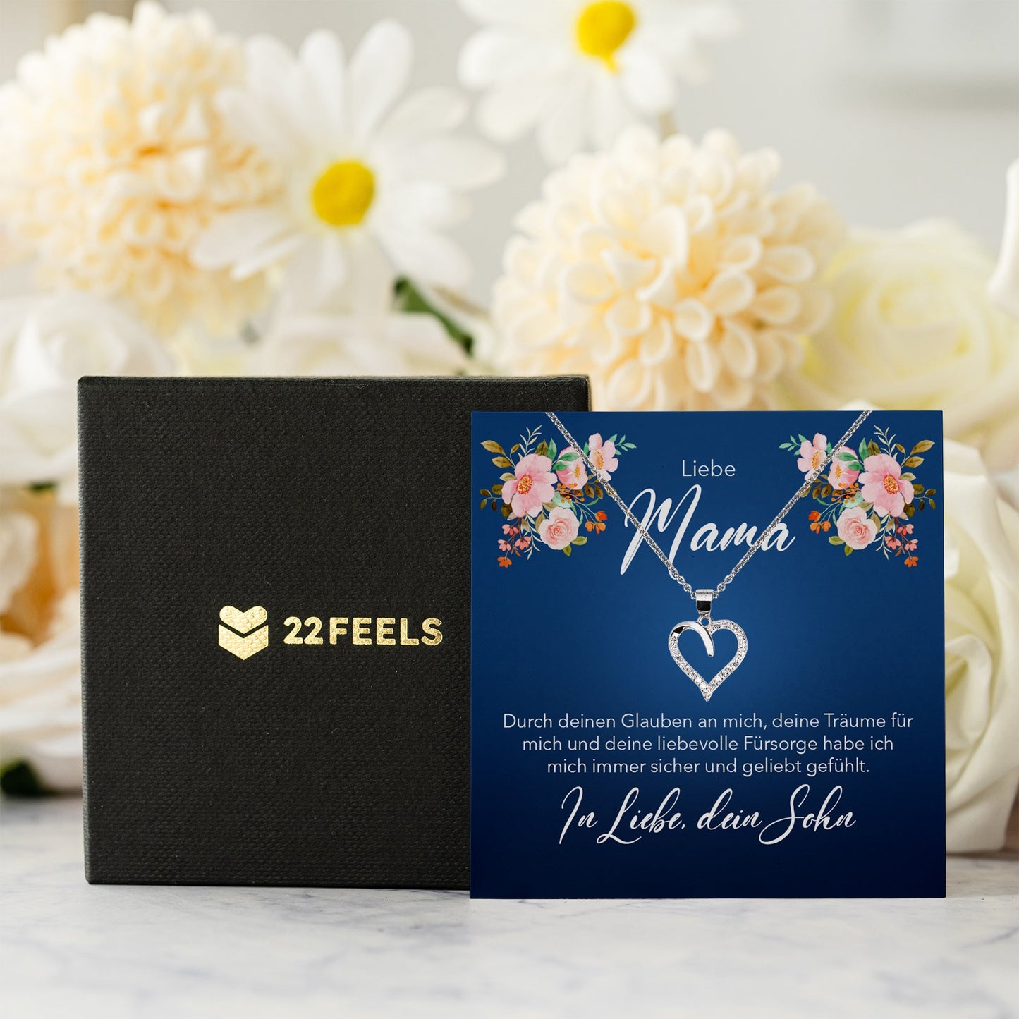 22Feels® Mama Geschenk von Sohn Silber 925/000 Herz Halskette Muttertag Frauen Schmuck mit Karte Mutter Geburtstag Weihnachten Damen Collier-Schmuck mit Botschaftskarte - Herz21-22Feels