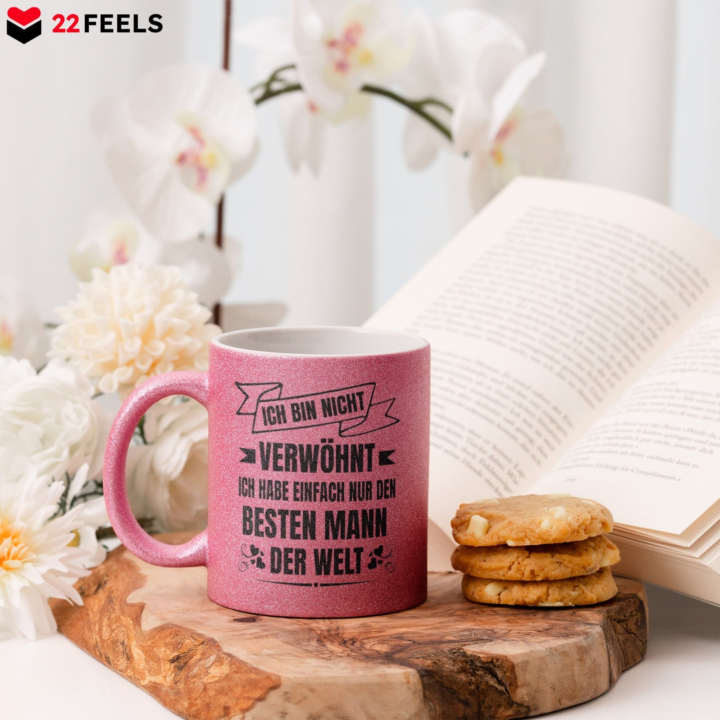22Feels® Ehefrau Geschenk zum Hochzeitstag, Valentinstag etc. - Glitzertasse mit Spruch (Pink, 320ml)-Glitzertasse Pink 320ml-22Feels
