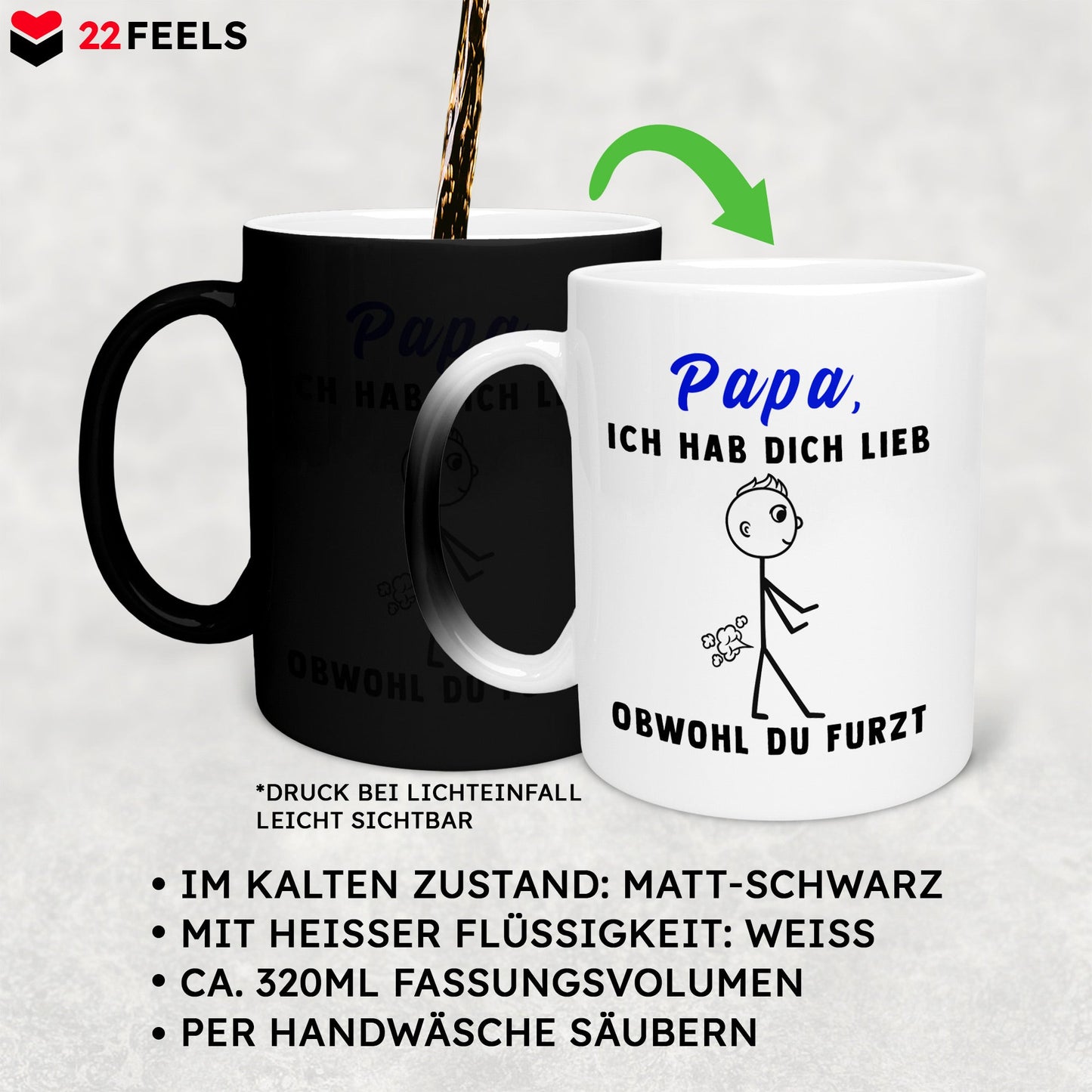 22Feels® ORIGINAL Zaubertasse - Vater Geschenk - Spruch: Ich Hab Dich Lieb, Obwohl Du Furzt (Matt-Schwarz und Weiss, 320ml)-Farbwechsel Tasse Matt 320ml-22Feels