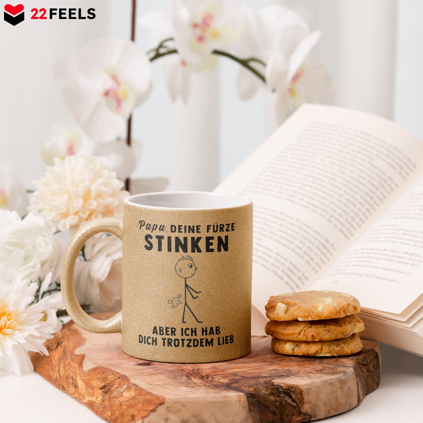 22Feels® ORIGINAL Glitzertasse - Vater Geschenk - Spruch: Papa, Deine Fürze Stinken (Gold, 320ml)-Glitzertasse Gold 320ml-22Feels