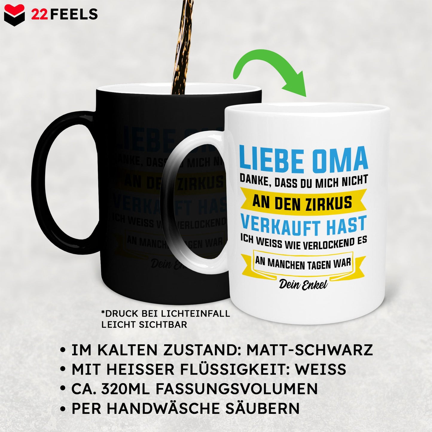 22Feels® Oma Geschenk von Enkel - Zaubertasse mit Spruch (Matt-Schwarz und Weiss, 320ml)-Farbwechsel Tasse Matt 320ml-22Feels