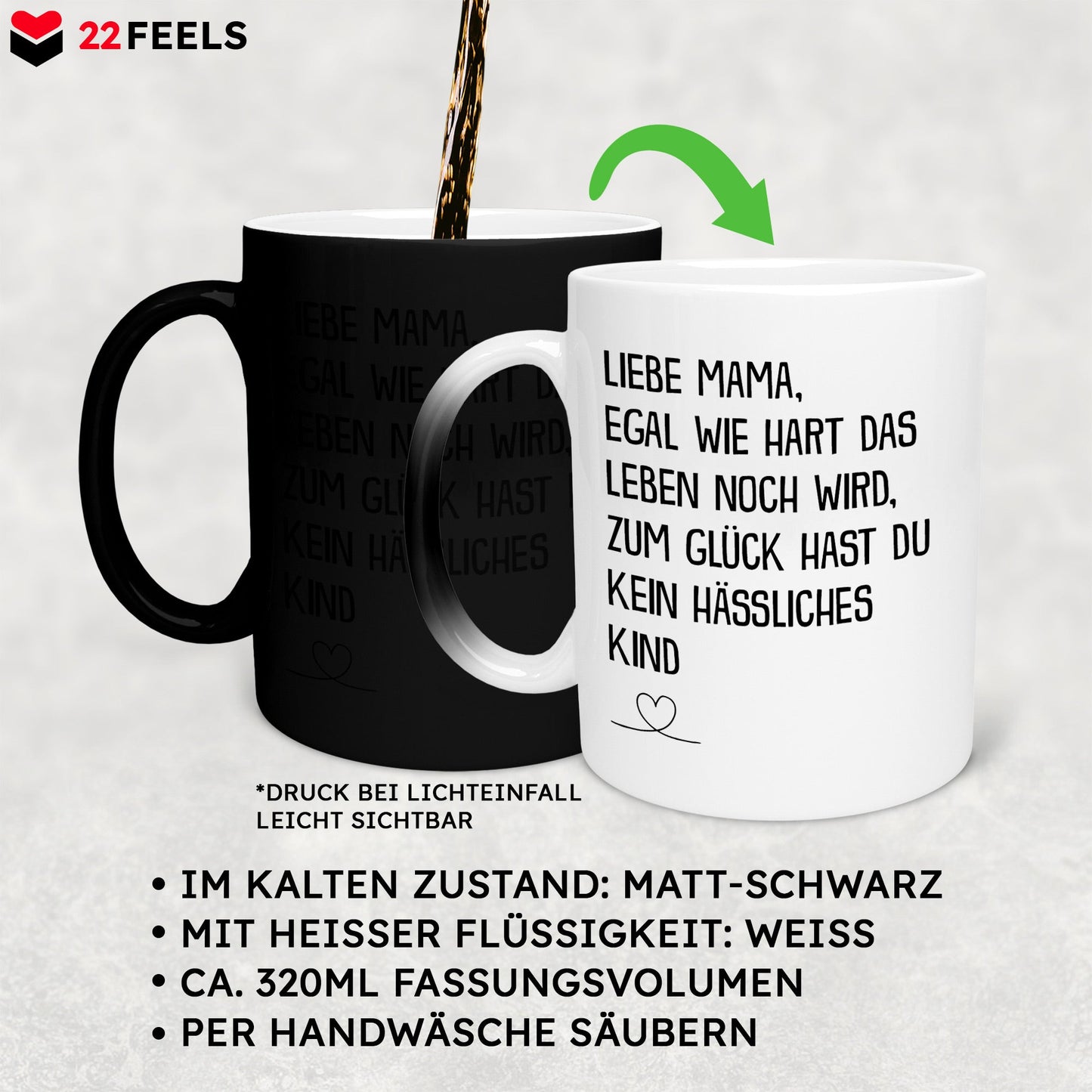 22Feels® Mama Geschenk - Zaubertasse mit Spruch (Matt-Schwarz und Weiss, 320ml)-Farbwechsel Tasse Matt 320ml-22Feels