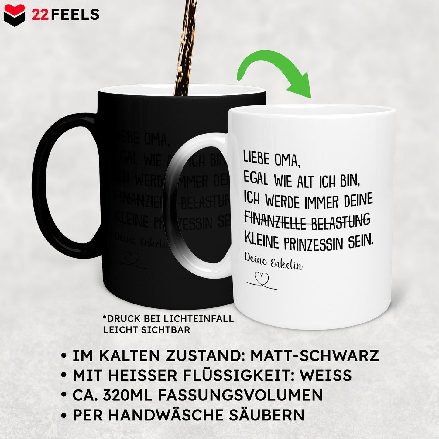 22Feels® Oma Geschenk von Enkelin - Zaubertasse mit Spruch (Matt-Schwarz und Weiss, 320ml)-Farbwechsel Tasse Matt 320ml-22Feels
