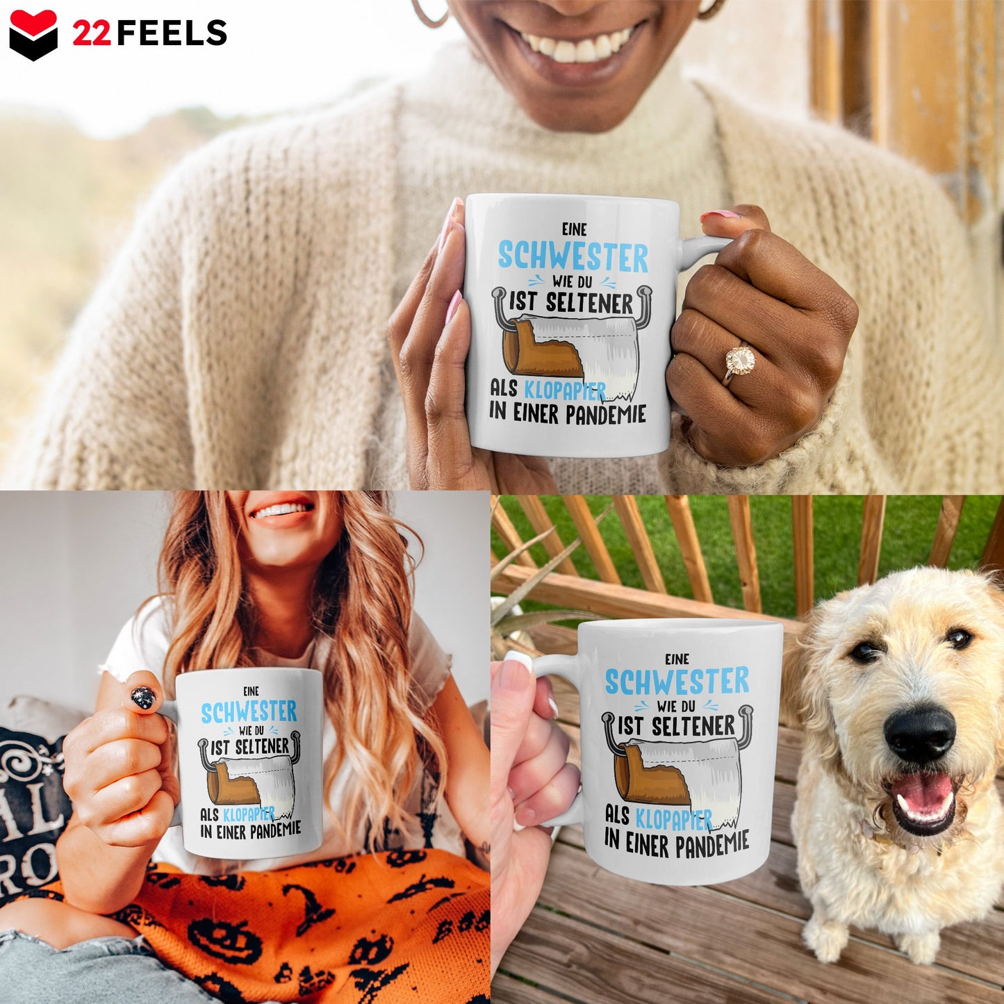 22Feels® Schwester Geschenk - Tasse mit Spruch: Seltener Als Klopapier (Weiss, 320ml)-Weisse Tasse 320ml-22Feels