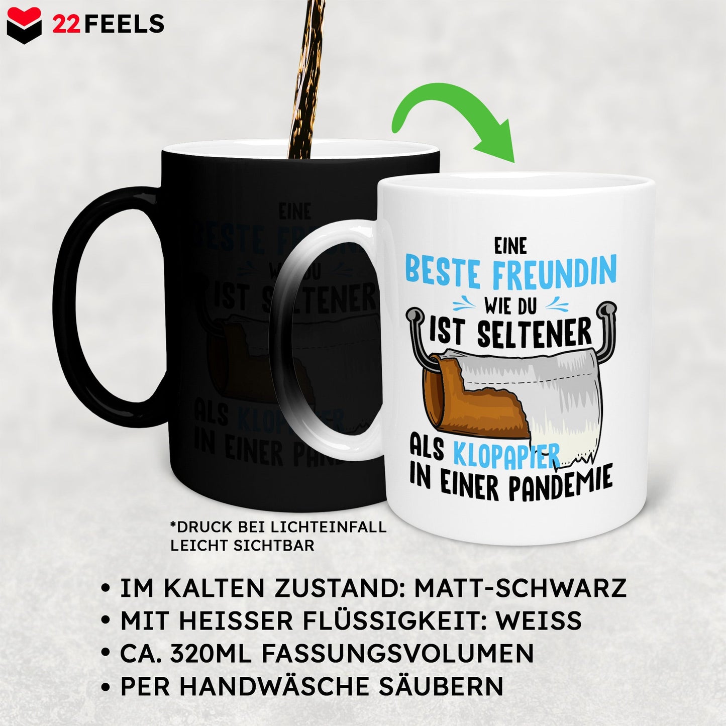 22Feels® Beste Freundin Geschenk - Zaubertasse mit Spruch: Seltener als Klopapier (Matt-Schwarz und Weiss, 320ml)-Farbwechsel Tasse Matt 320ml-22Feels