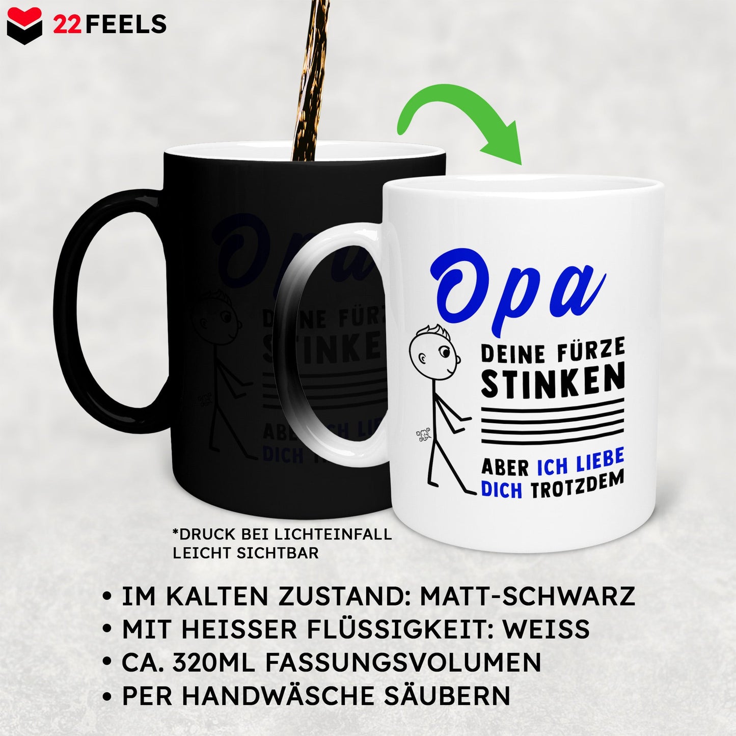 22Feels® Opa Geschenk - Zaubertasse mit Spruch (Matt-Schwarz und Weiss, 320ml)-Farbwechsel Tasse Matt 320ml-22Feels