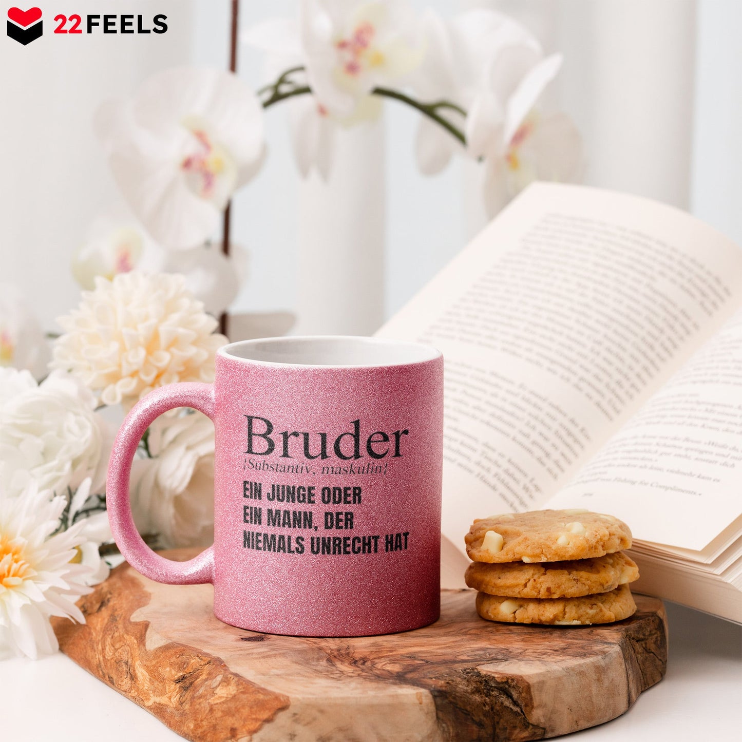 22Feels® Bruder Geschenk - Glitzertasse mit Spruch (Pink, 320ml)-Glitzertasse Pink 320ml-22Feels
