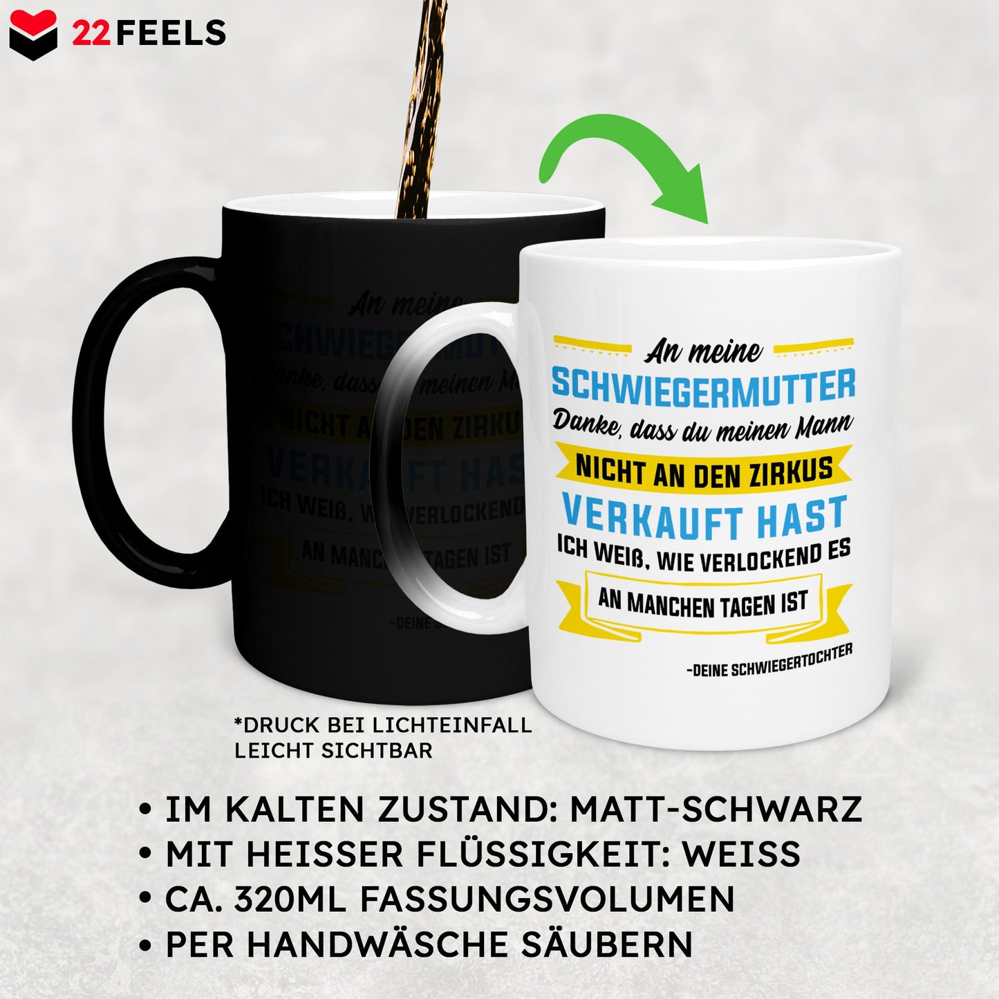 22Feels® Schwiegermutter Geschenk von Schwiegertochter bzw. Braut - Zaubertasse mit Spruch (Matt-Schwarz und Weiss, 320ml)-Farbwechsel Tasse Matt 320ml-22Feels