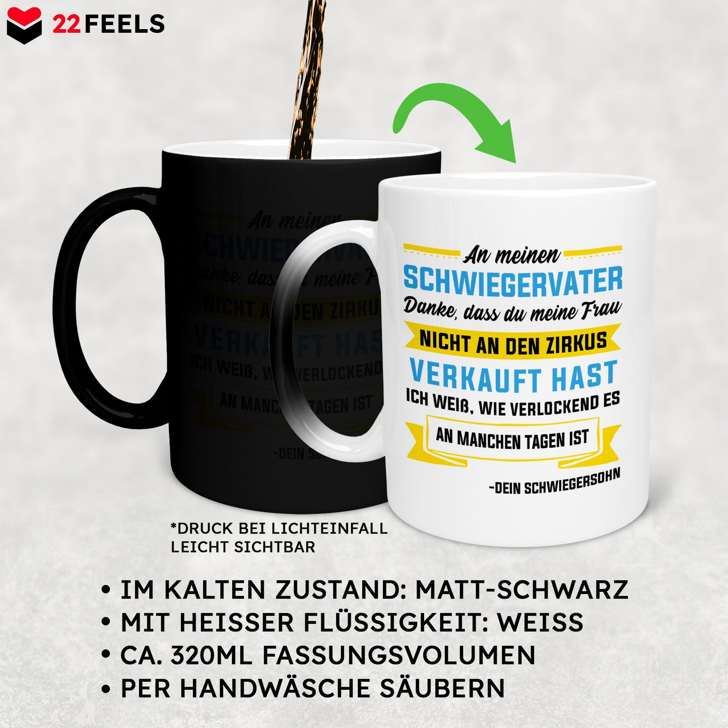 22Feels® Schwiegervater Geschenk von Schwiegersohn bzw. Bräutigam - Zaubertasse mit Spruch (Matt-Schwarz und Weiss, 320ml)-Farbwechsel Tasse Matt 320ml-22Feels