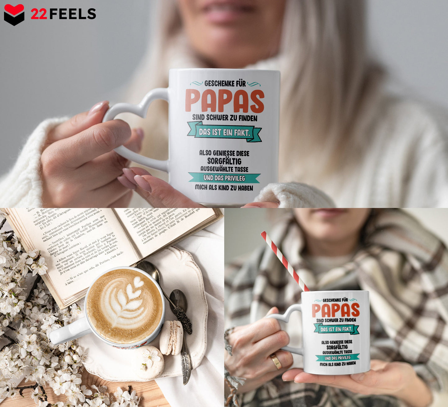 22Feels® Geschenk für Papas - Tasse mit Spruch: Schwer zu finden (Herzhenkel, Weiss, 320ml)-Tasse Weiss Herzhenkel 320ml-22Feels