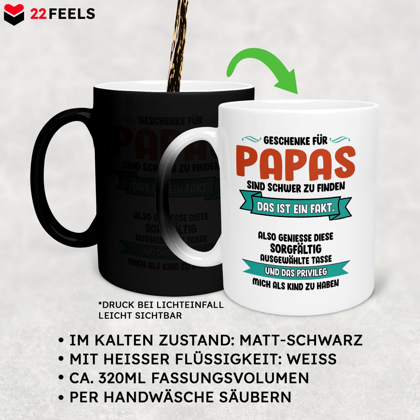 22Feels® Papa Geschenk - Zaubertasse mit Spruch (Matt-Schwarz und Weiss, 320ml)-Farbwechsel Tasse Matt 320ml-22Feels