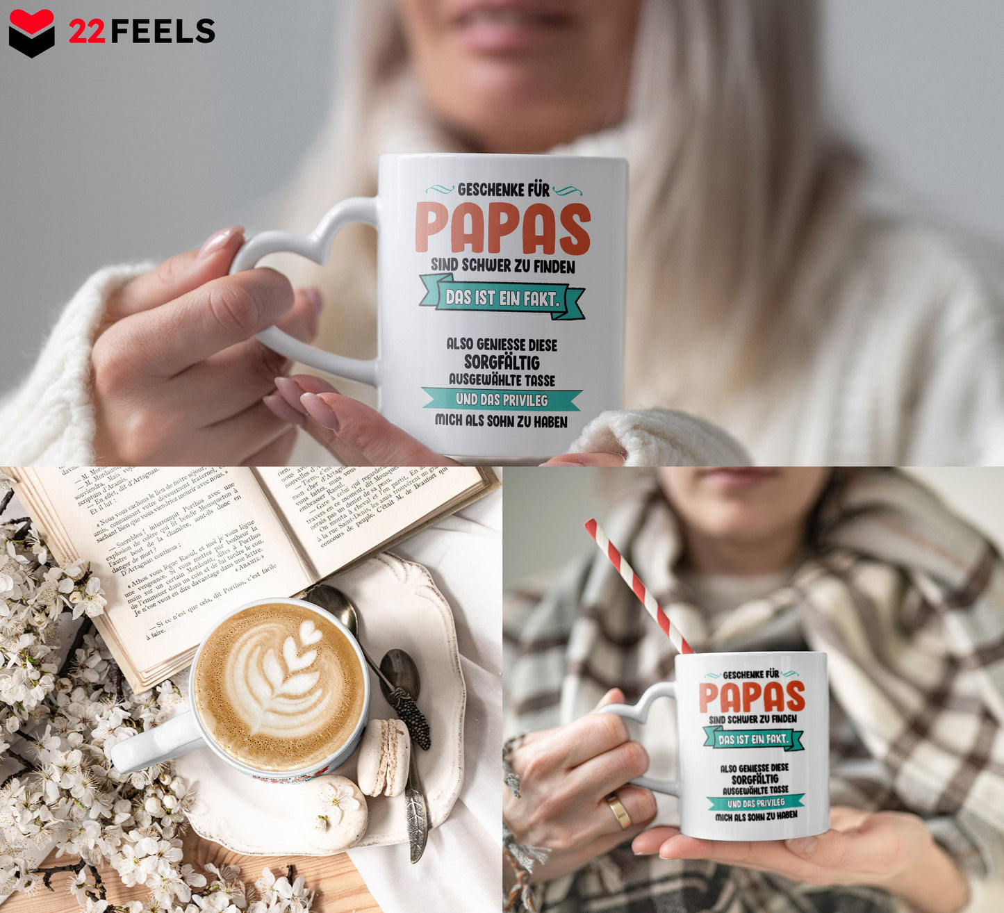22Feels® Geschenk für Papas - Tasse mit Spruch (Herzhenkel, Weiss, 320ml)-Tasse Weiss Herzhenkel 320ml-22Feels