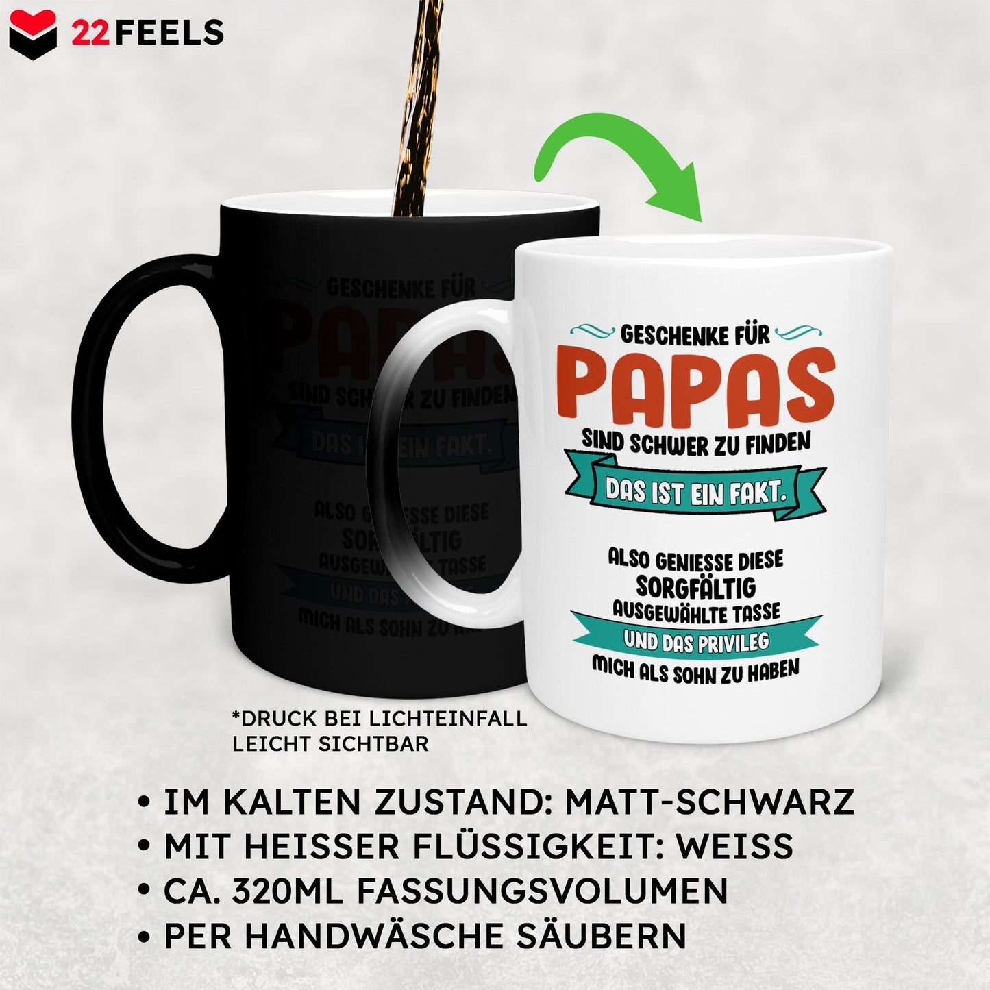 22Feels® Papa Geschenk - Zaubertasse mit Spruch (Matt-Schwarz und Weiss, 320ml)-Farbwechsel Tasse Matt 320ml-22Feels