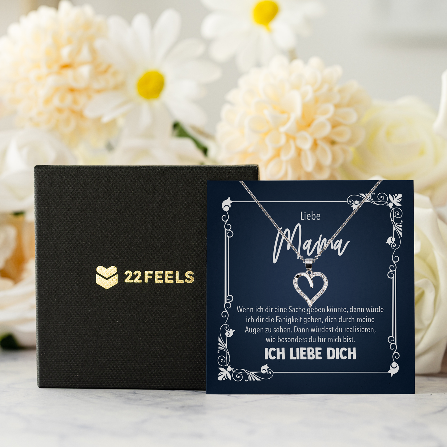 22Feels® Liebe Mama Geschenk zum Muttertag, Geburtstag und co. - Echt Silber 925/000 Schmuckset: Herz Halskette mit Botschaftskarte-Schmuck mit Botschaftskarte - Herz21-22Feels