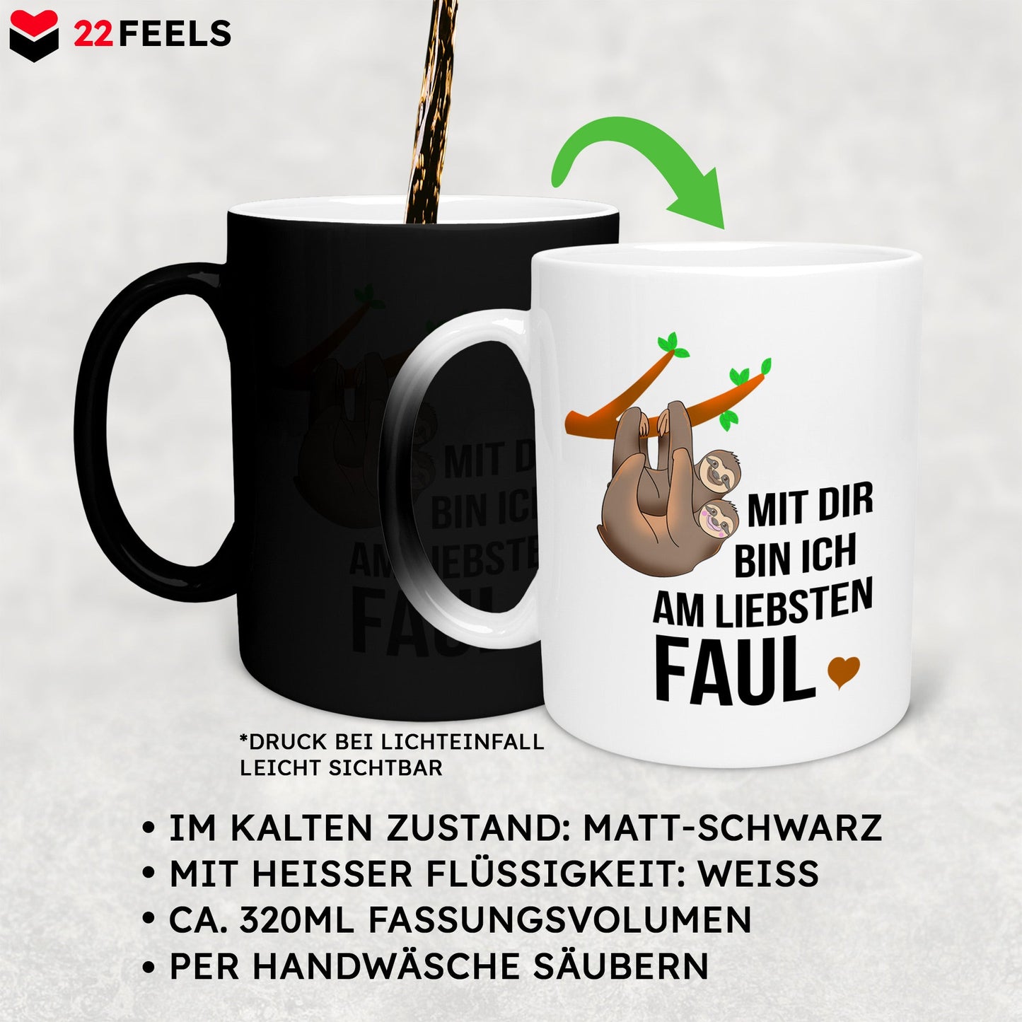 22Feels® Pärchen Geschenk zum Jahrestag, Hochzeitstag, Valentinstag etc. - Zaubertasse mit Spruch (Matt-Schwarz und Weiss, 320ml)-Farbwechsel Tasse Matt 320ml-22Feels