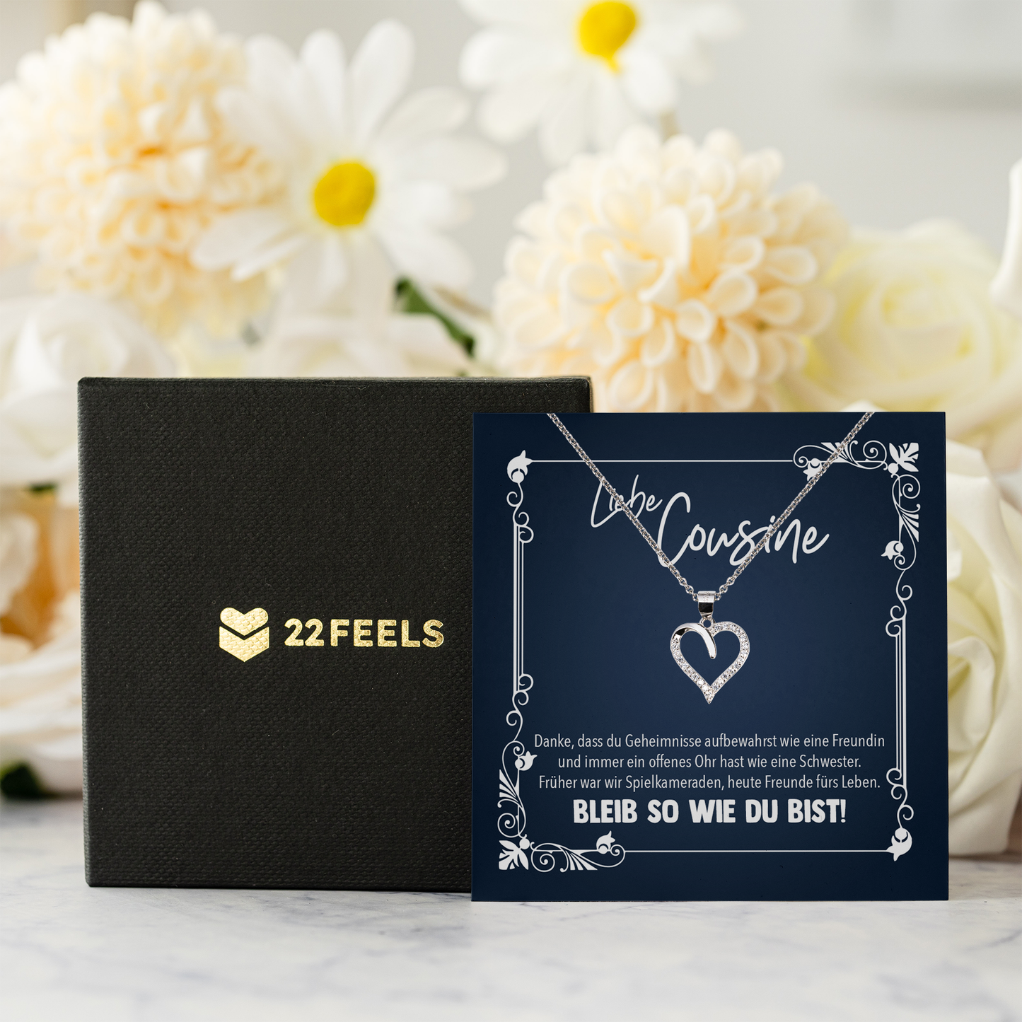 22Feels® Cousine Geschenk - Echt Silber 925/000 Schmuckset: Herz Halskette mit Botschaftskarte-Schmuck mit Botschaftskarte - Herz21-22Feels