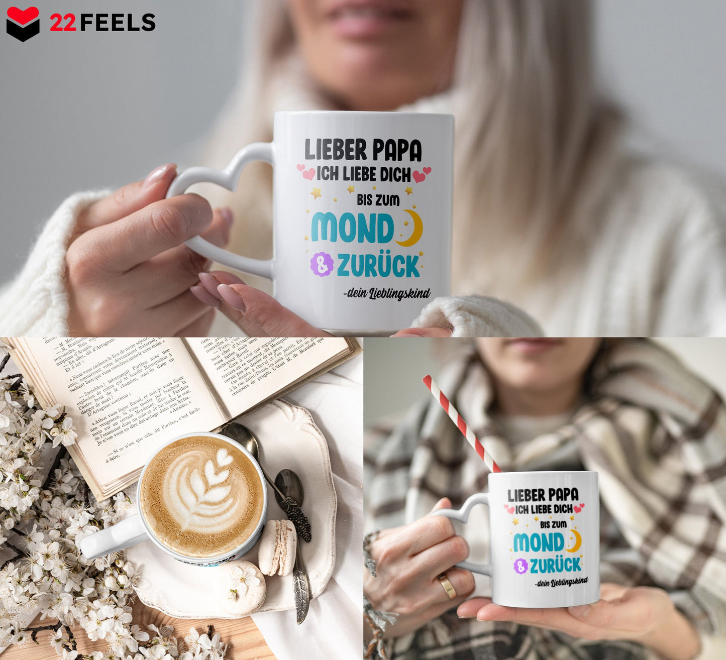 22Feels® Geschenk für Papas - Tasse mit Spruch: Ich Liebe Dich Bis Zum Mond (Herzhenkel, Weiss, 320ml)-Tasse Weiss Herzhenkel 320ml-22Feels