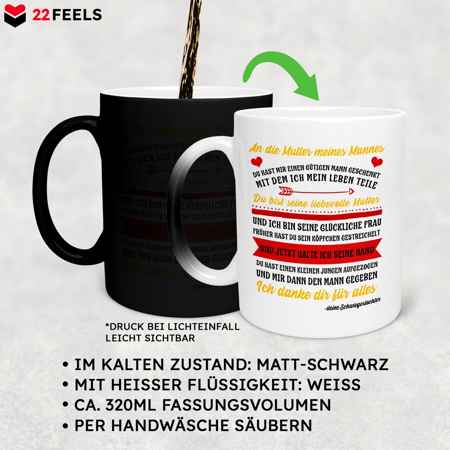 22Feels® Schwiegermutter Geschenk von Schwiegertochter bzw. Braut - Zaubertasse mit Spruch (Matt-Schwarz und Weiss, 320ml)-Farbwechsel Tasse Matt 320ml-22Feels