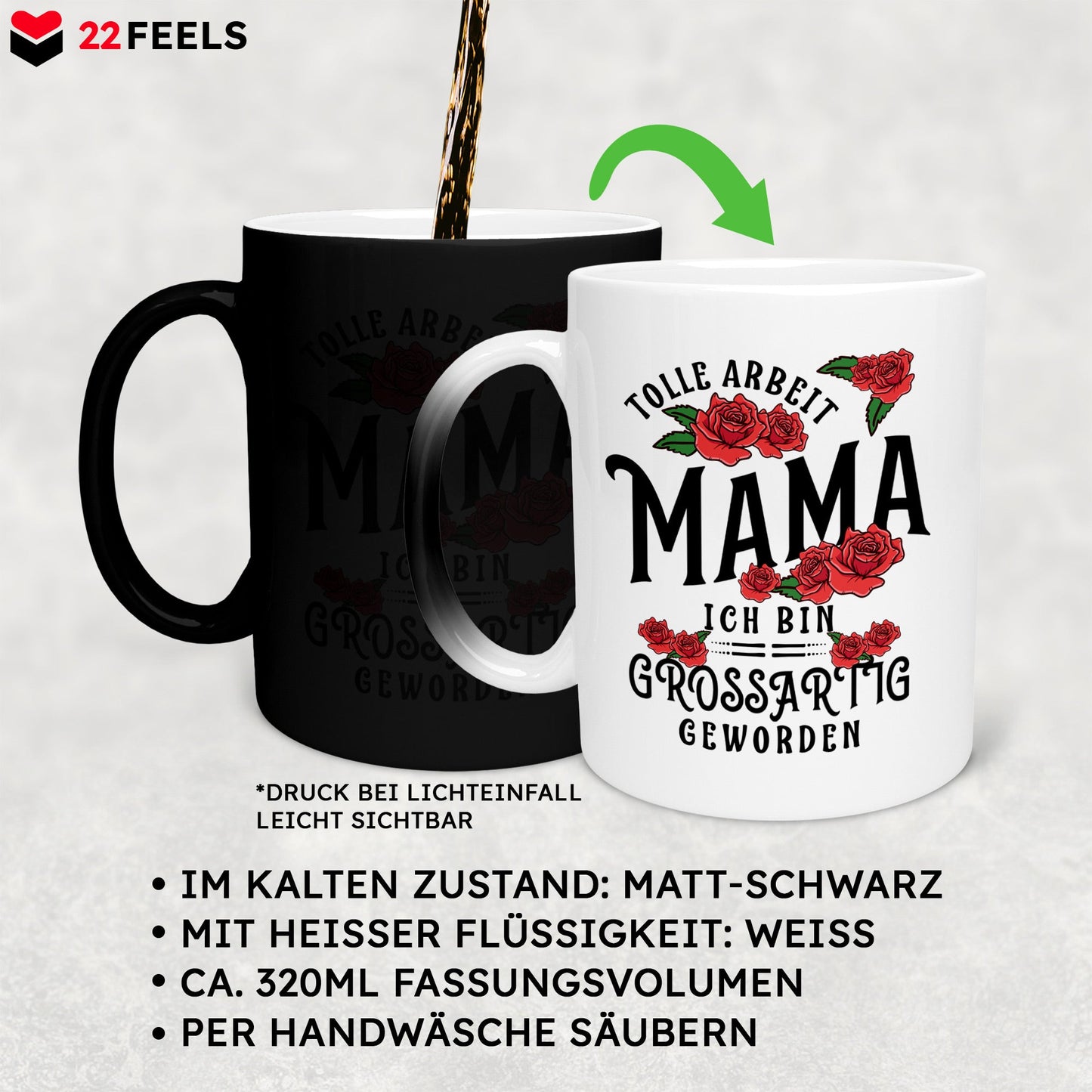 22Feels® Mama Geschenk - Zaubertasse mit Spruch (Matt-Schwarz und Weiss, 320ml)-Farbwechsel Tasse Matt 320ml-22Feels