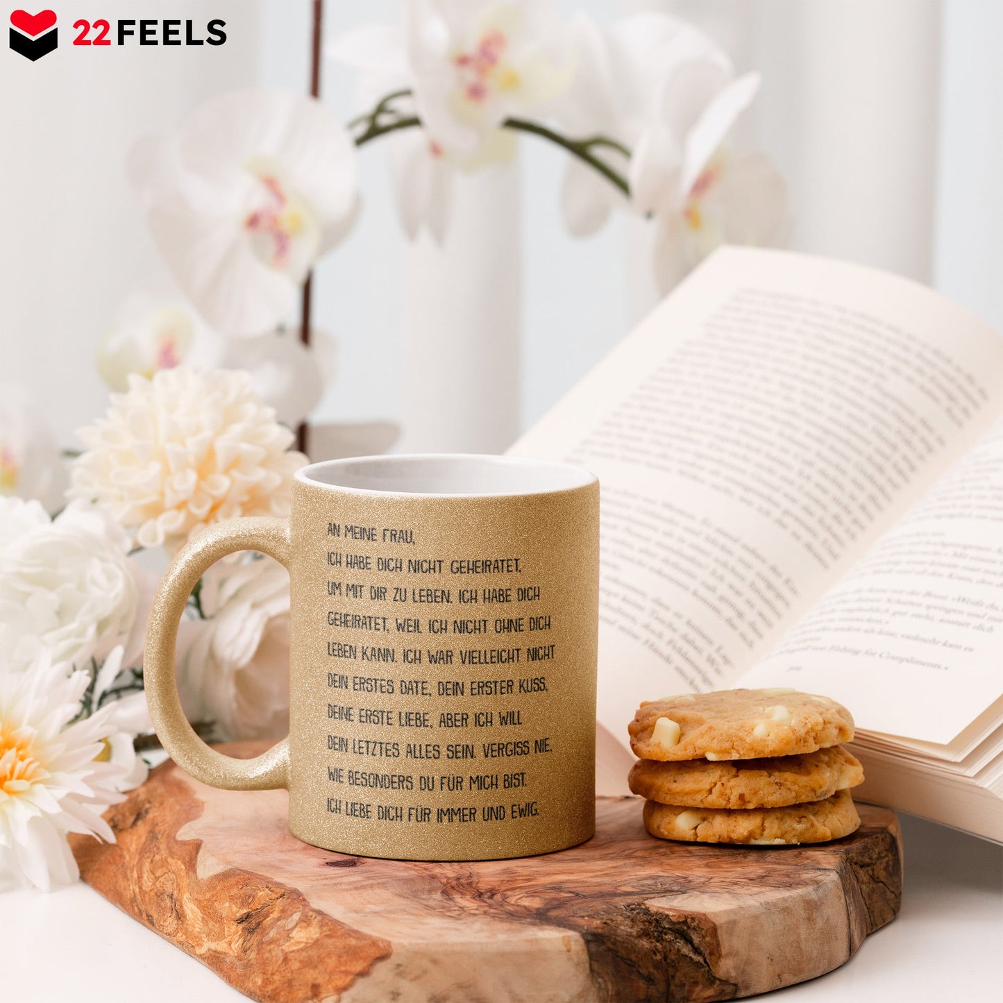 22Feels® Ehefrau Geschenk zum Hochzeitstag, Valentinstag etc. - Glitzertasse mit Spruch (Gold, 320ml)-Glitzertasse Gold 320ml-22Feels