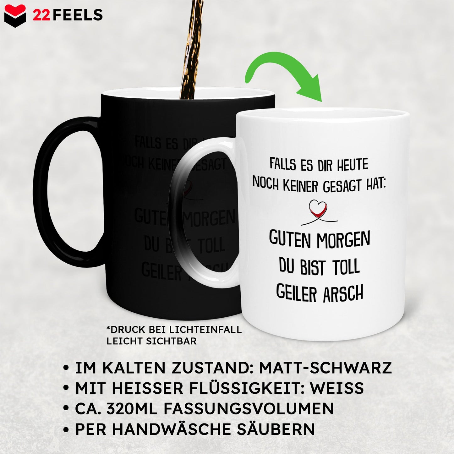 22Feels® Pärchen Geschenk zum Jahrestag, Hochzeitstag, Valentinstag etc. - Zaubertasse mit Spruch (Matt-Schwarz und Weiss, 320ml)-Farbwechsel Tasse Matt 320ml-22Feels