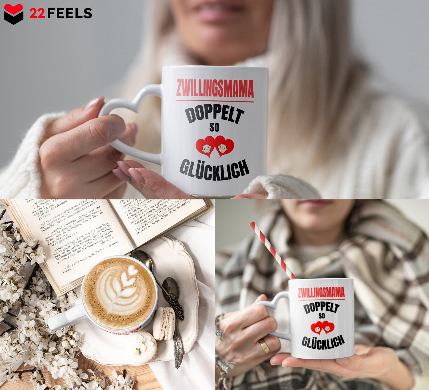 22Feels® Geschenk für Zwillingsmütter - Tasse mit Spruch: Doppelt So Glücklich (Herzhenkel, Weiss, 320ml)-Tasse Weiss Herzhenkel 320ml-22Feels