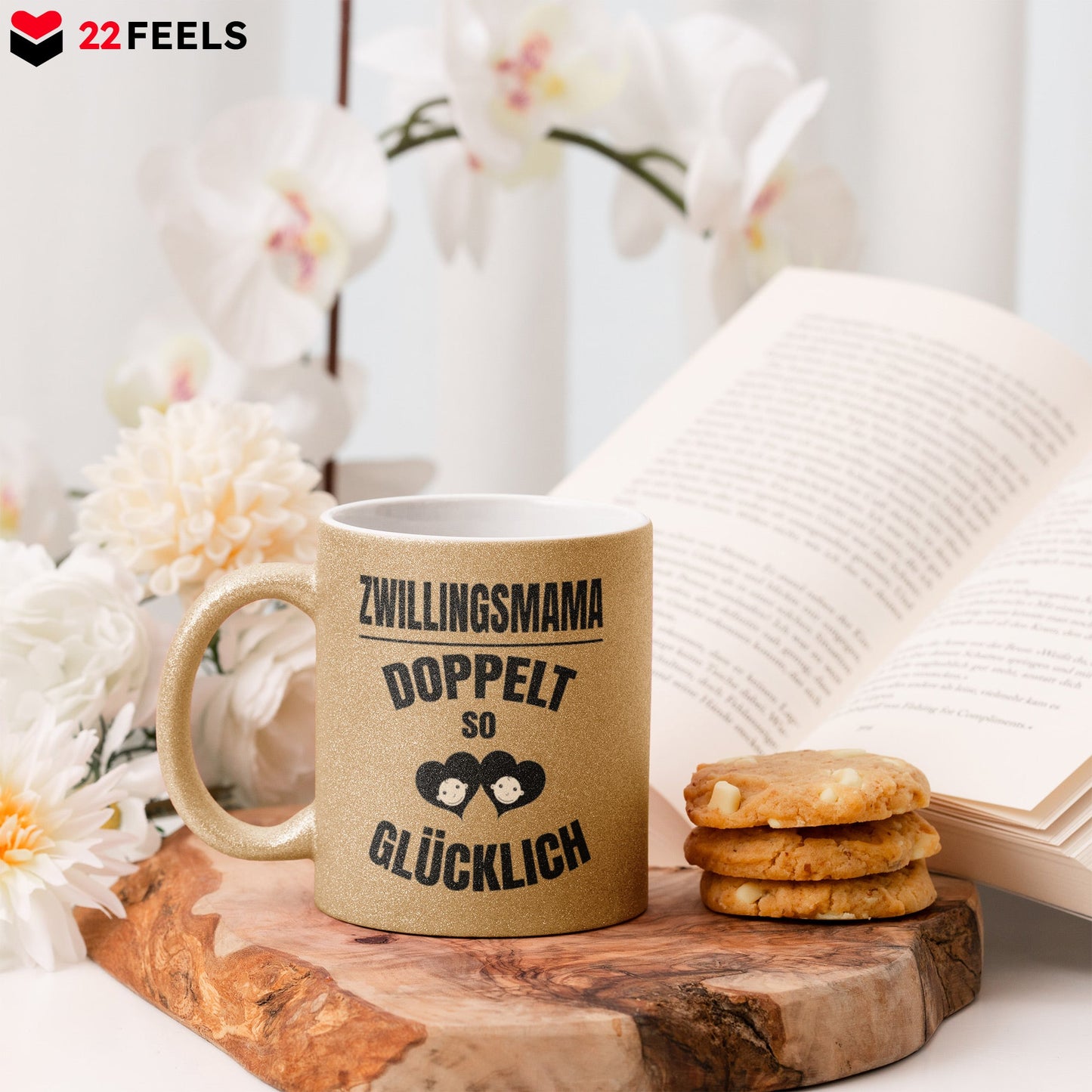 22Feels® Geschenk für Zwillingsmütter - Glitzertasse mit Spruch: Doppelt So Glücklich (Gold, 320ml)-Glitzertasse Gold 320ml-22Feels