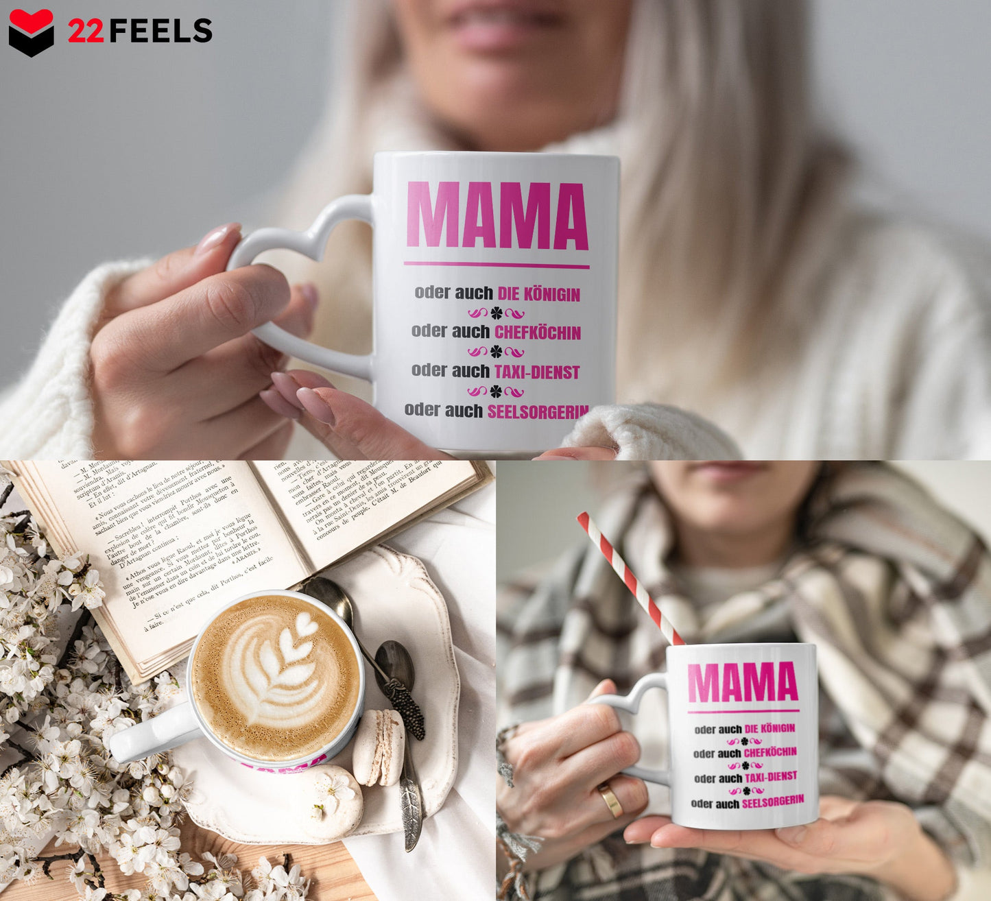 22Feels® Geschenk für Mamas - Tasse mit Spruch: Königin (Herzhenkel, Weiss, 320ml)-Tasse Weiss Herzhenkel 320ml-22Feels