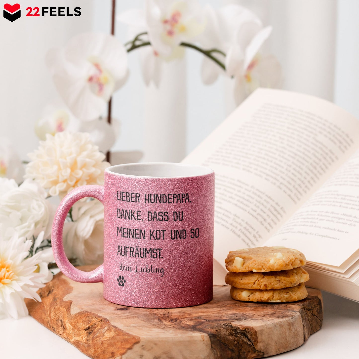 22Feels® Hundepapa Geschenk - Glitzertasse mit Spruch (Pink, 320ml)-Glitzertasse Pink 320ml-22Feels
