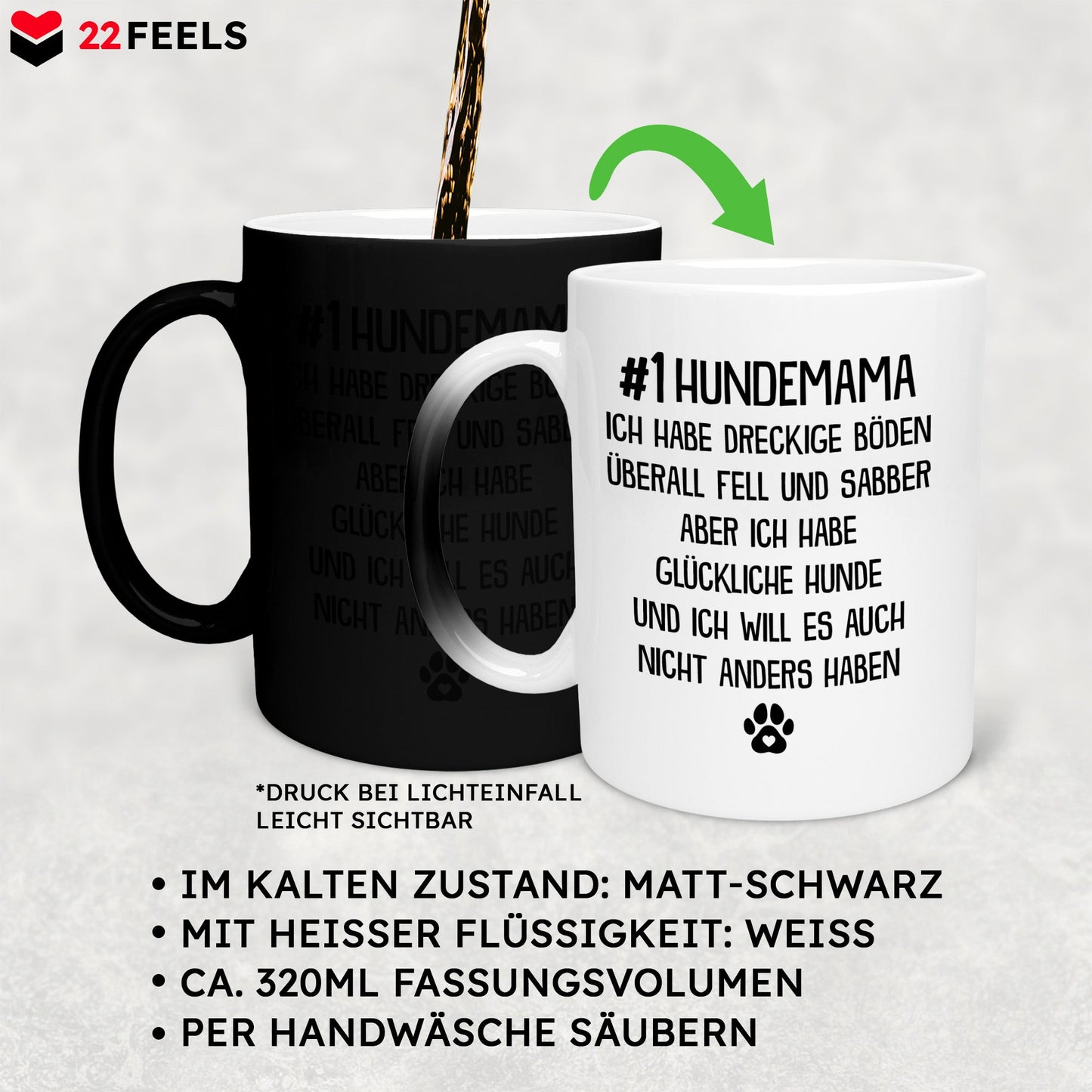 22Feels® Hundemama Geschenk - Zaubertasse mit Spruch (Matt-Schwarz und Weiss, 320ml)-Farbwechsel Tasse Matt 320ml-22Feels