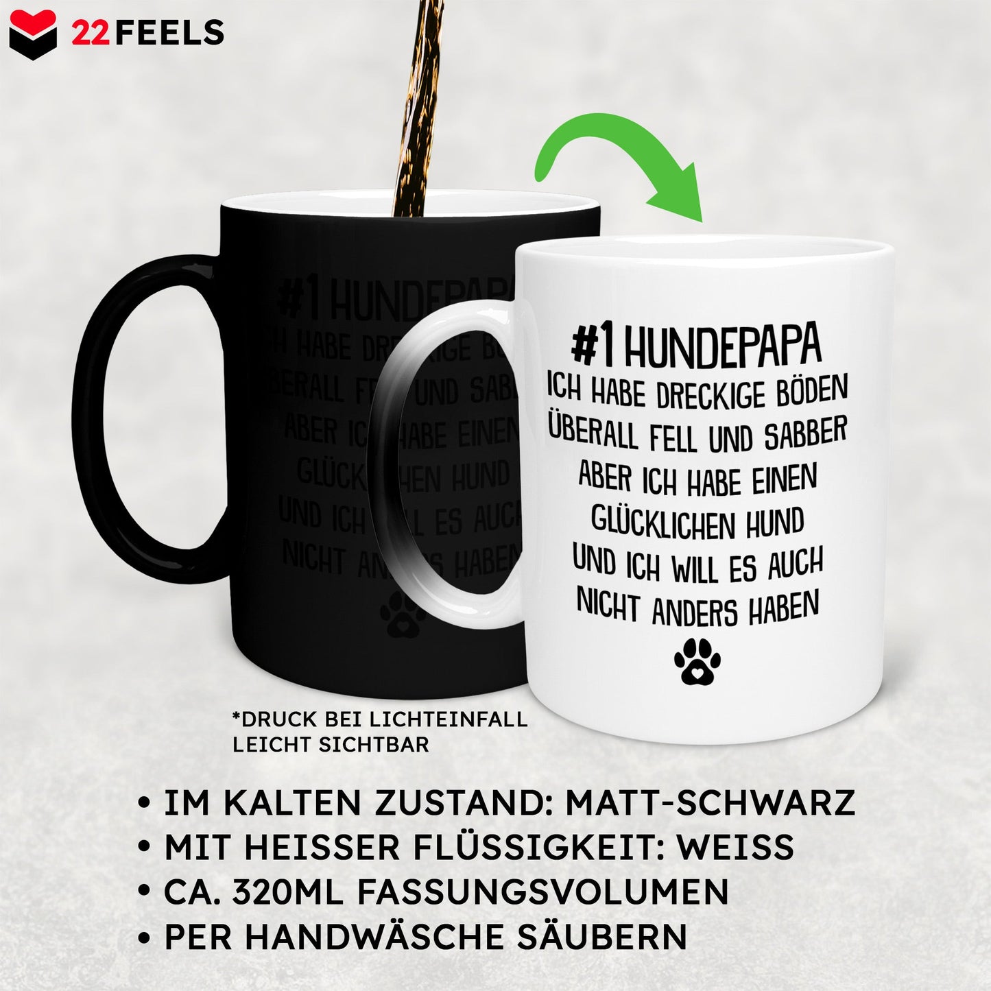 22Feels® Hundepapa Geschenk - Zaubertasse mit Spruch (Matt-Schwarz und Weiss, 320ml)-Farbwechsel Tasse Matt 320ml-22Feels