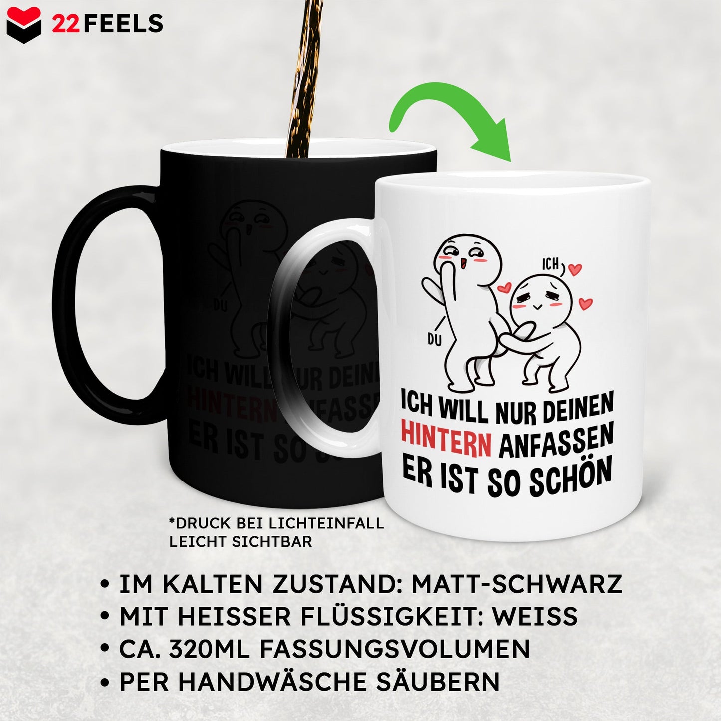22Feels® Pärchen Geschenk zum Jahrestag, Hochzeitstag, Valentinstag etc. - Zaubertasse mit Spruch (Matt-Schwarz und Weiss, 320ml)-Farbwechsel Tasse Matt 320ml-22Feels