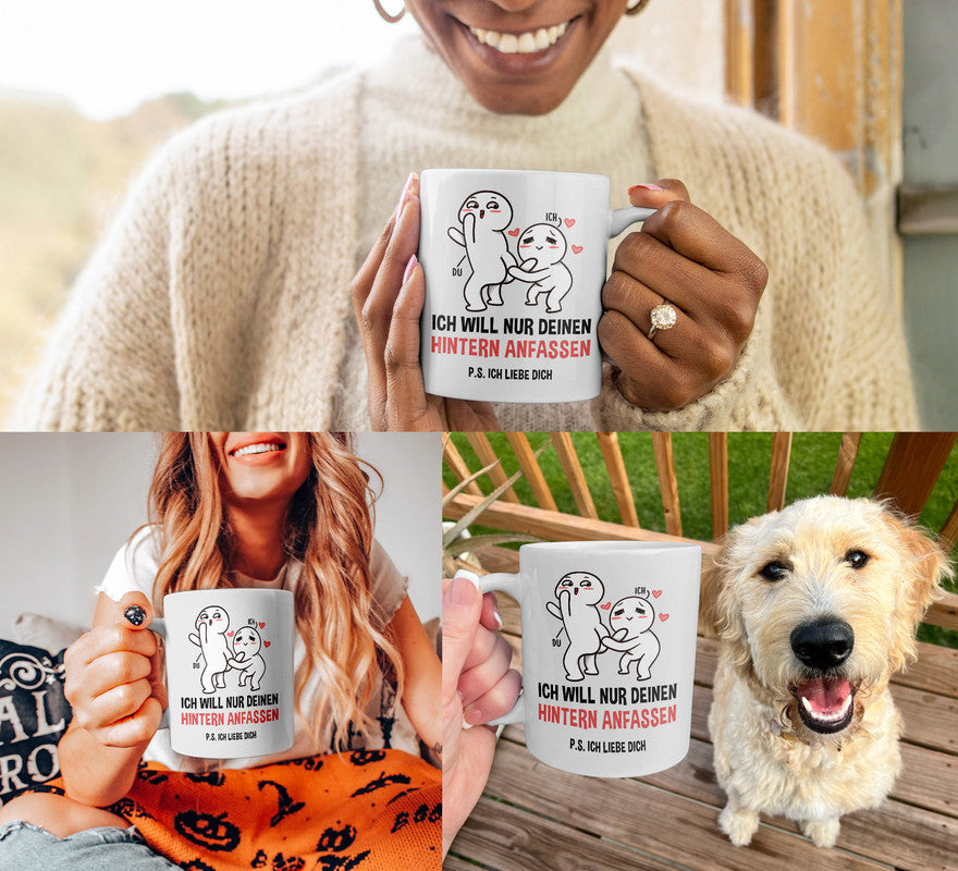 22Feels® Geschenk für Paare - Tasse mit Spruch: Ich Will Nur Deinen Hintern Anfassen (Weiss, 320ml)-Weisse Tasse 320ml-22Feels
