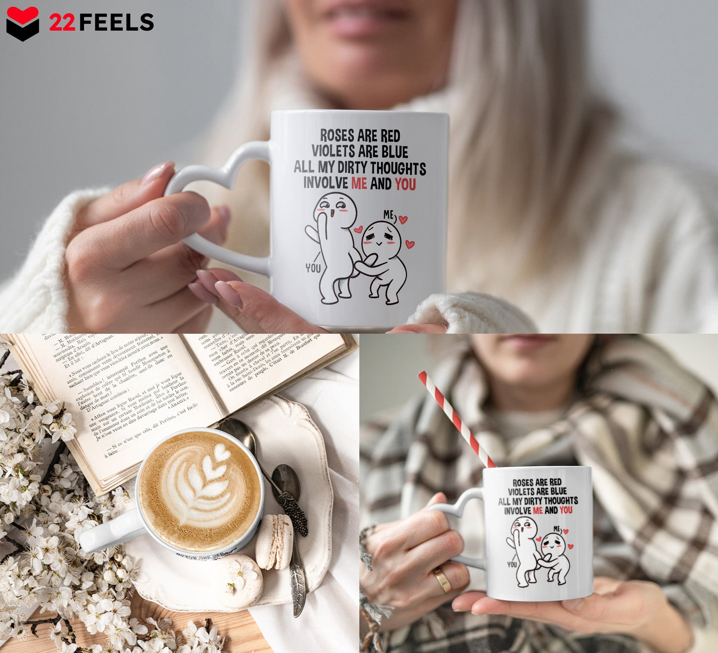22Feels® Paar Geschenk zum Jahrestag, Hochzeitstag, Valentinstag etc. - Tasse mit Spruch: Roses are red (Herzhenkel, Weiss, 320ml)-Tasse Weiss Herzhenkel 320ml-22Feels