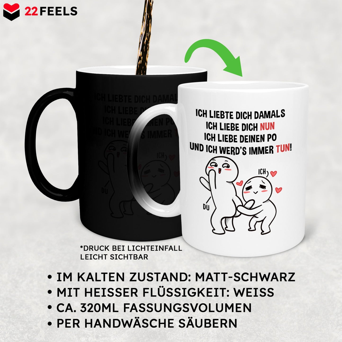 22Feels® Pärchen Geschenk zum Jahrestag, Hochzeitstag, Valentinstag etc. - Zaubertasse mit Spruch (Matt-Schwarz und Weiss, 320ml)-Farbwechsel Tasse Matt 320ml-22Feels