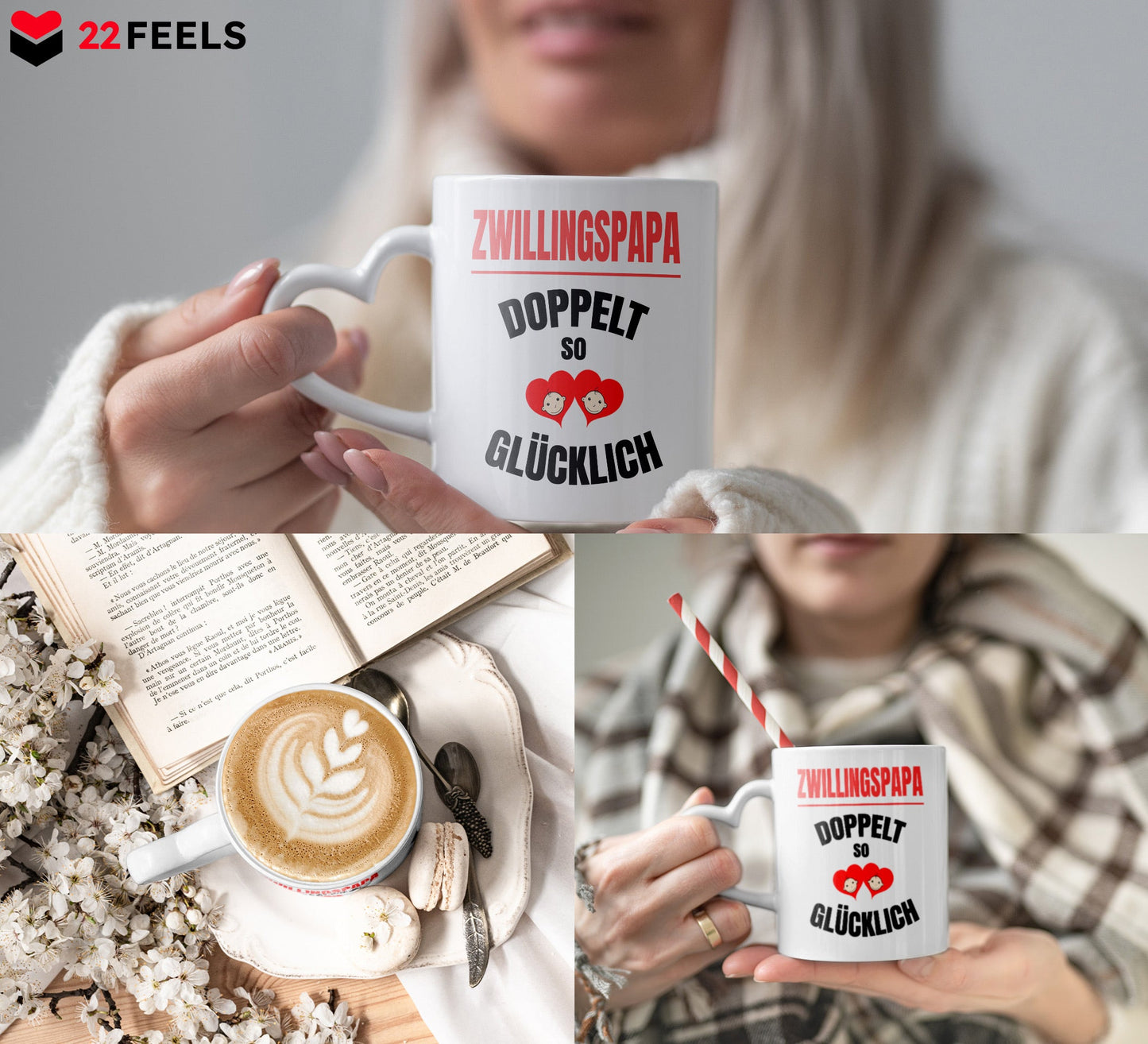22Feels® Geschenk für Zwillingsväter - Tasse mit Spruch: Doppelt So Glücklich (Herzhenkel, Weiss, 320ml)-Tasse Weiss Herzhenkel 320ml-22Feels