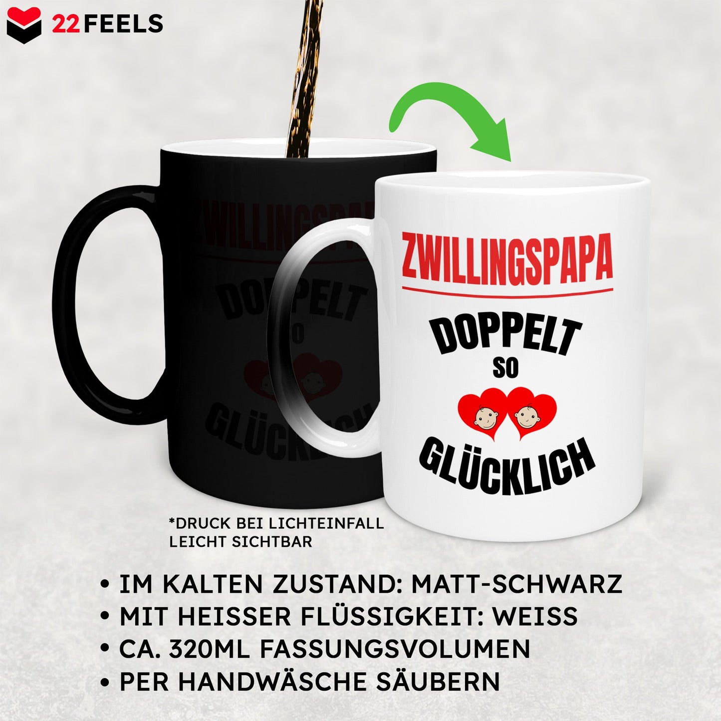 22Feels® Geschenk für Zwillingsväter - Zaubertasse mit Spruch: Doppelt So Glücklich (Matt-Schwarz und Weiss, 320ml)-Farbwechsel Tasse Matt 320ml-22Feels