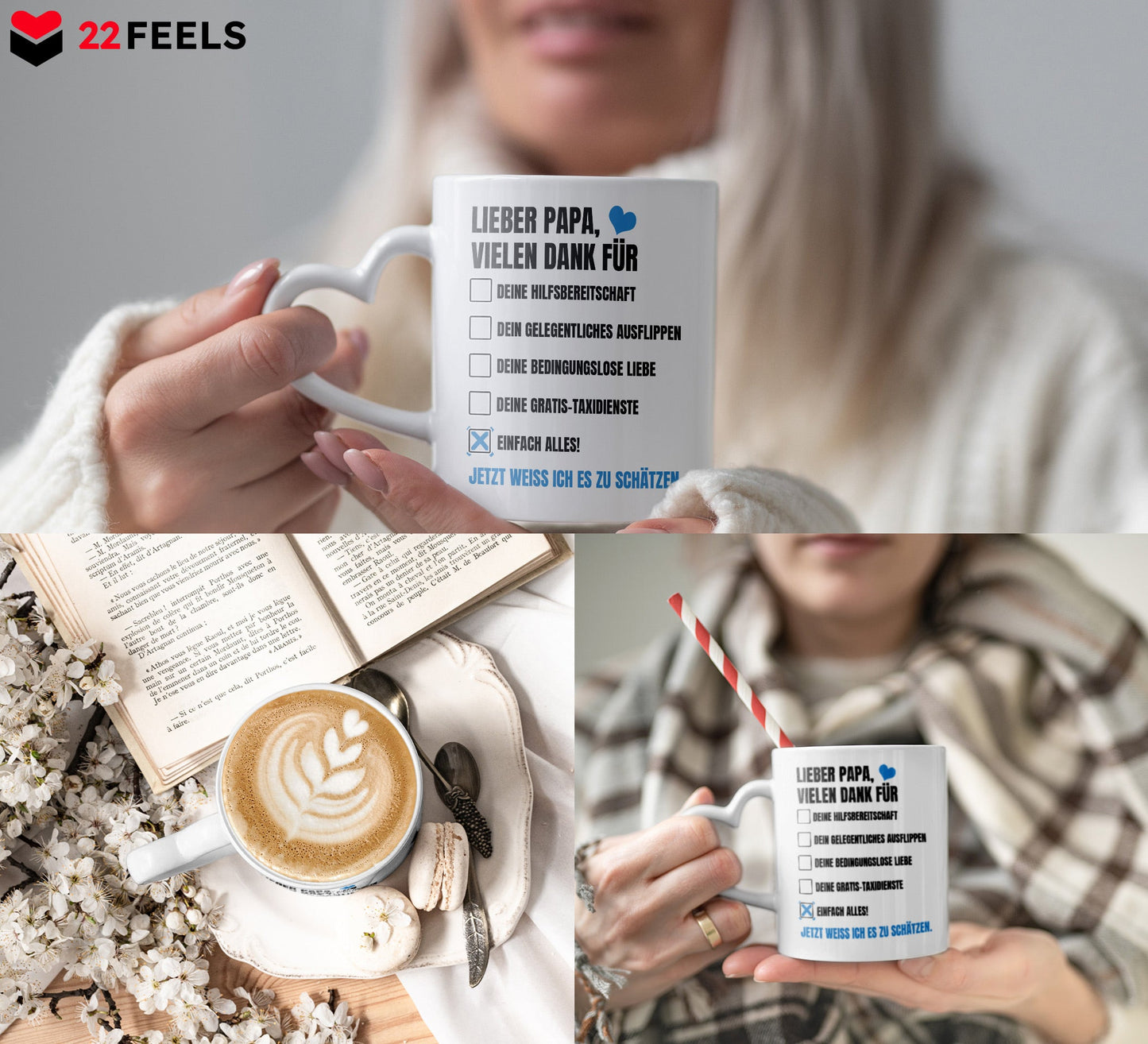 22Feels® Geschenk für Papas - Tasse mit Spruch: Vielen Dank (Herzhenkel, Weiss, 320ml)-Tasse Weiss Herzhenkel 320ml-22Feels