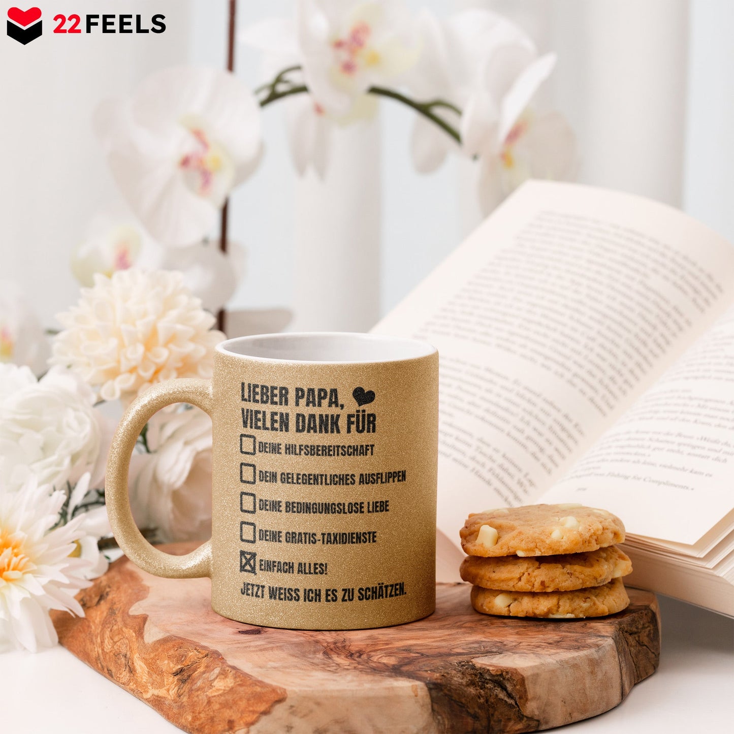 22Feels® Papa Geschenk - Glitzertasse mit Spruch (Gold, 320ml)-Glitzertasse Gold 325ml-22Feels