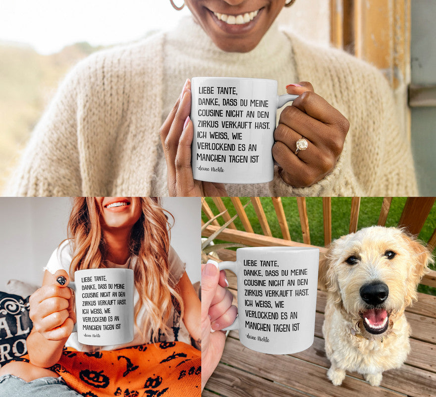 22Feels® Geschenk für Tante von Nichte - Tasse mit Spruch: Zirkus Cousine (Weiss, 320ml)-Weisse Tasse 320ml-22Feels