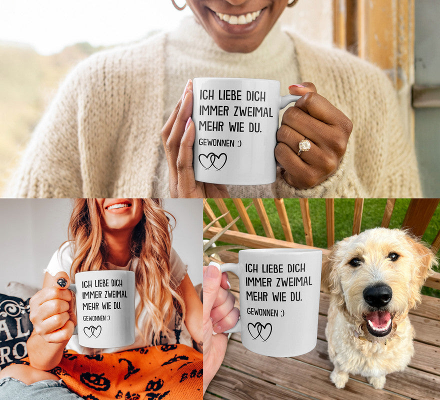 22Feels® Geschenk für Paare - Tasse mit Spruch: Ich Liebe Dich Immer Zweimal Mehr (Weiss, 320ml)-Weisse Tasse 320ml-22Feels