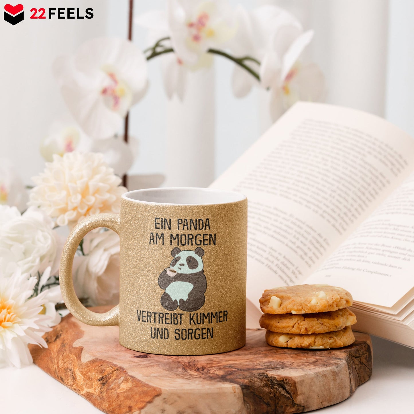 22Feels® Glitzertasse mit Panda Tiermotiv - Büro Geschenkidee - Spruch: Kummer und Sorgen (Gold, 320ml)-Glitzertasse Gold 320ml-22Feels