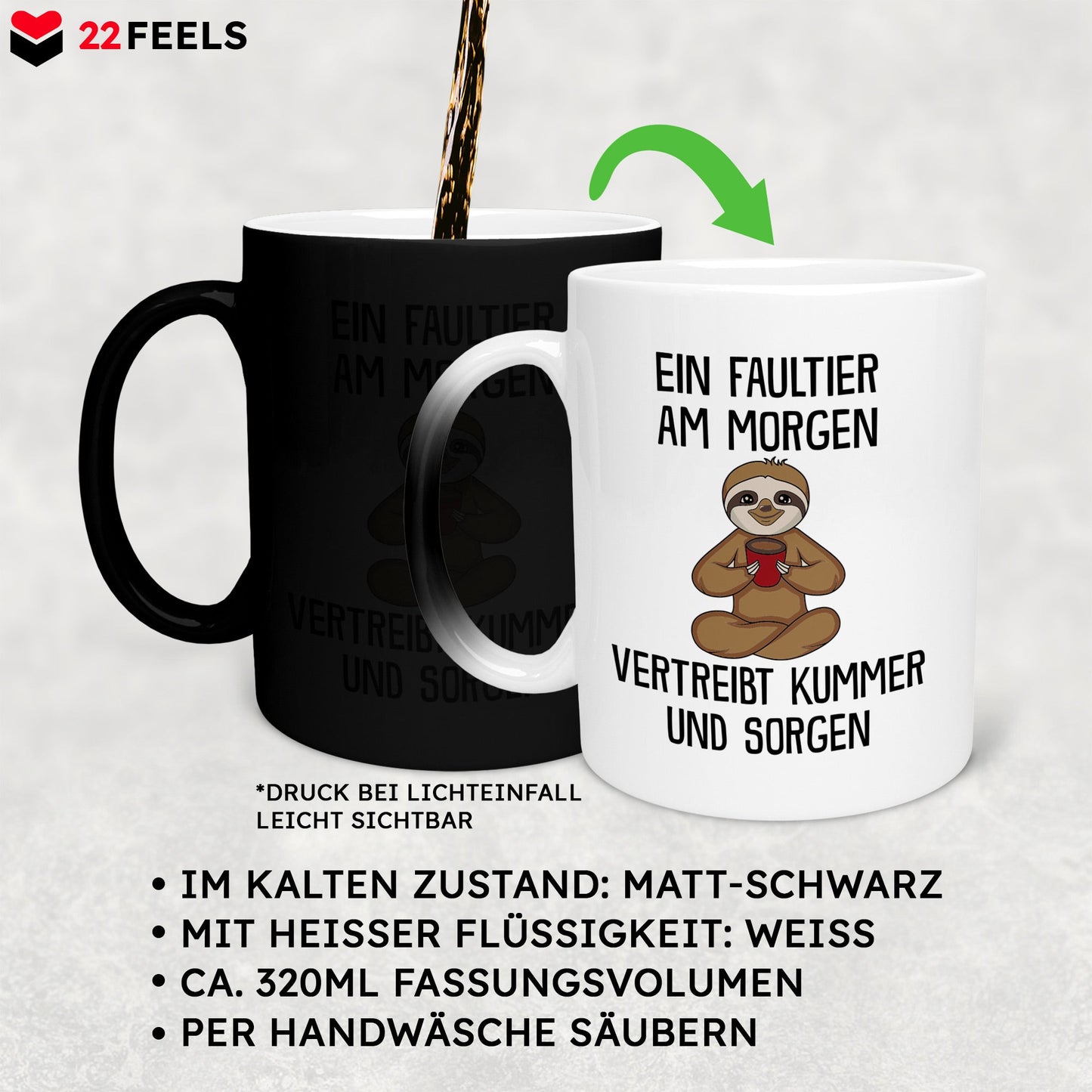 22Feels® Zaubertasse mit Faultier Tiermotiv - Büro Geschenkidee - Spruch: Kummer und Sorgen (Matt-Schwarz und Weiss, 320ml)-Farbwechsel Tasse Matt 320ml-22Feels