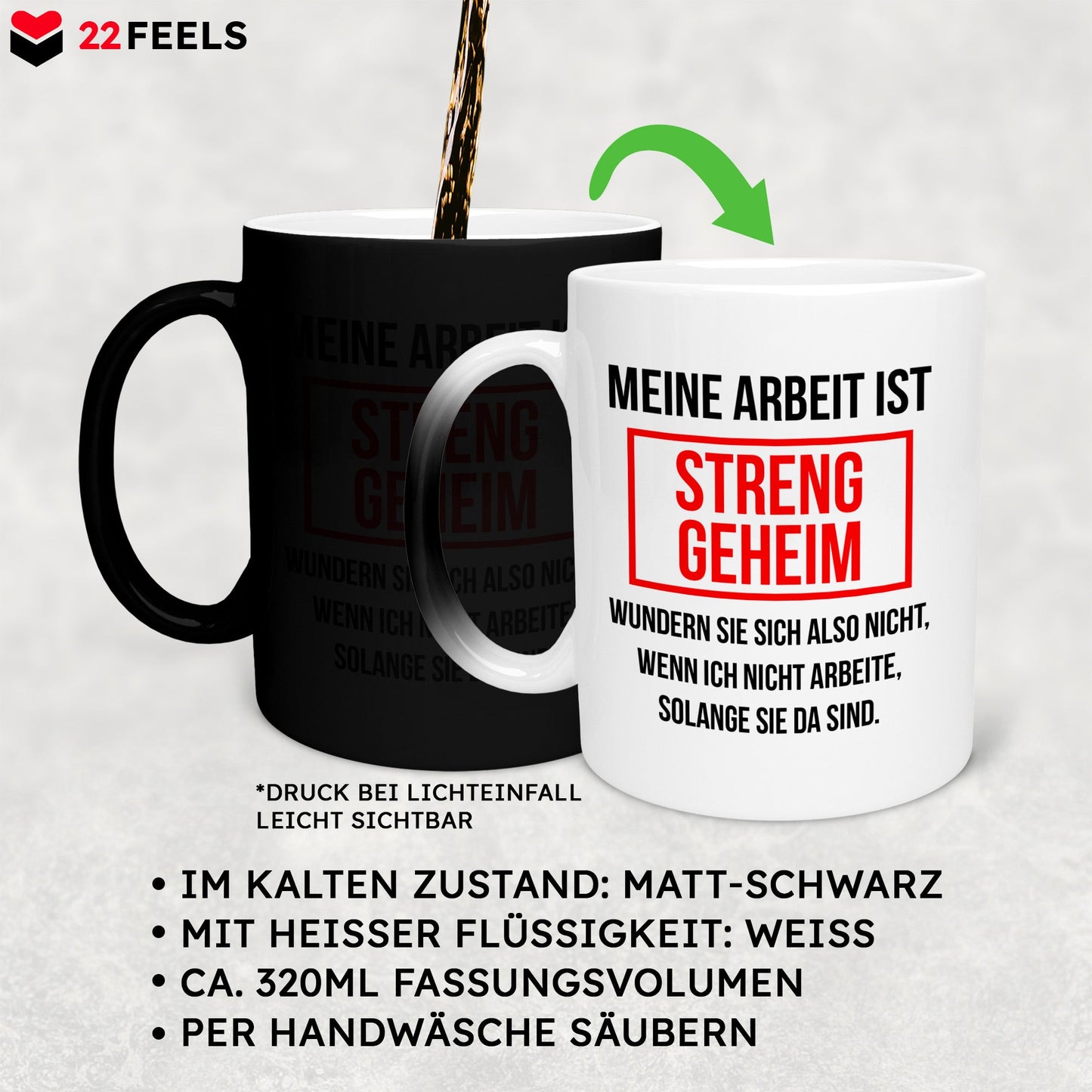 22Feels® Lustige Zaubertasse mit Spruch: Meine Arbeit ist streng geheim - Büro Geschenkidee (Matt-Schwarz und Weiss, 320ml)-Farbwechsel Tasse Matt 320ml-22Feels
