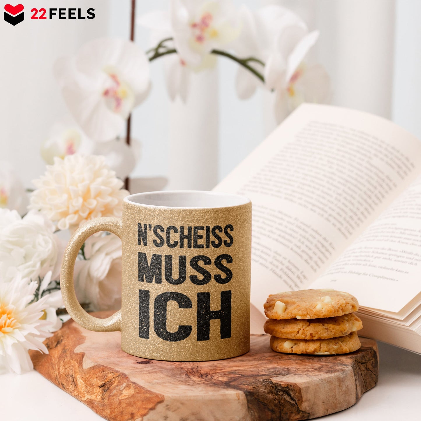 22Feels® Lustige Glitzertasse mit Spruch: N'Scheiss Muss Ich - Büro Geschenkidee (Gold, 320ml)-Glitzertasse Gold 320ml-22Feels