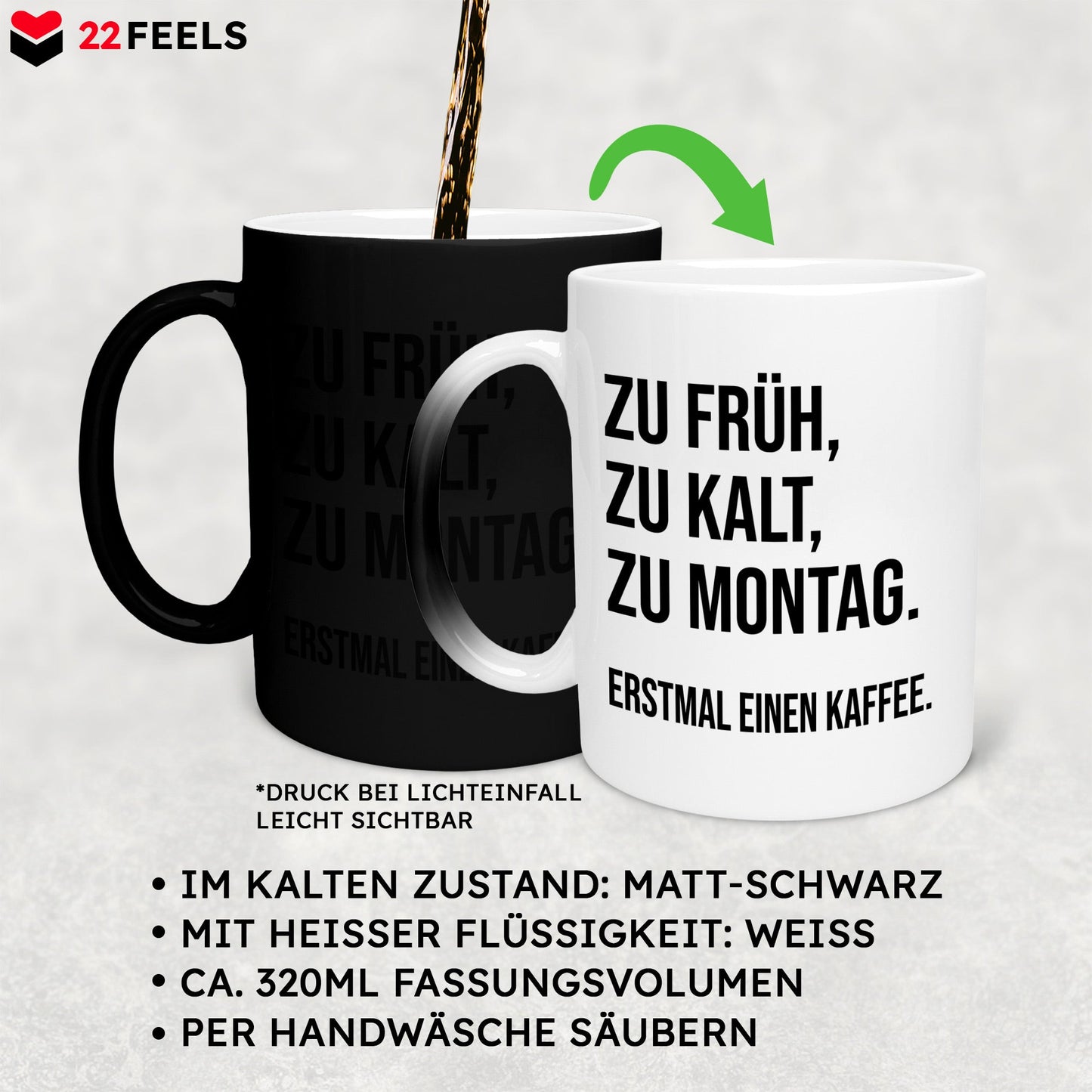 22Feels® Lustige Zaubertasse mit Spruch: Zu früh, zu kalt, zu Montag - Büro Geschenkidee (Matt-Schwarz und Weiss, 320ml)-Farbwechsel Tasse Matt 320ml-22Feels