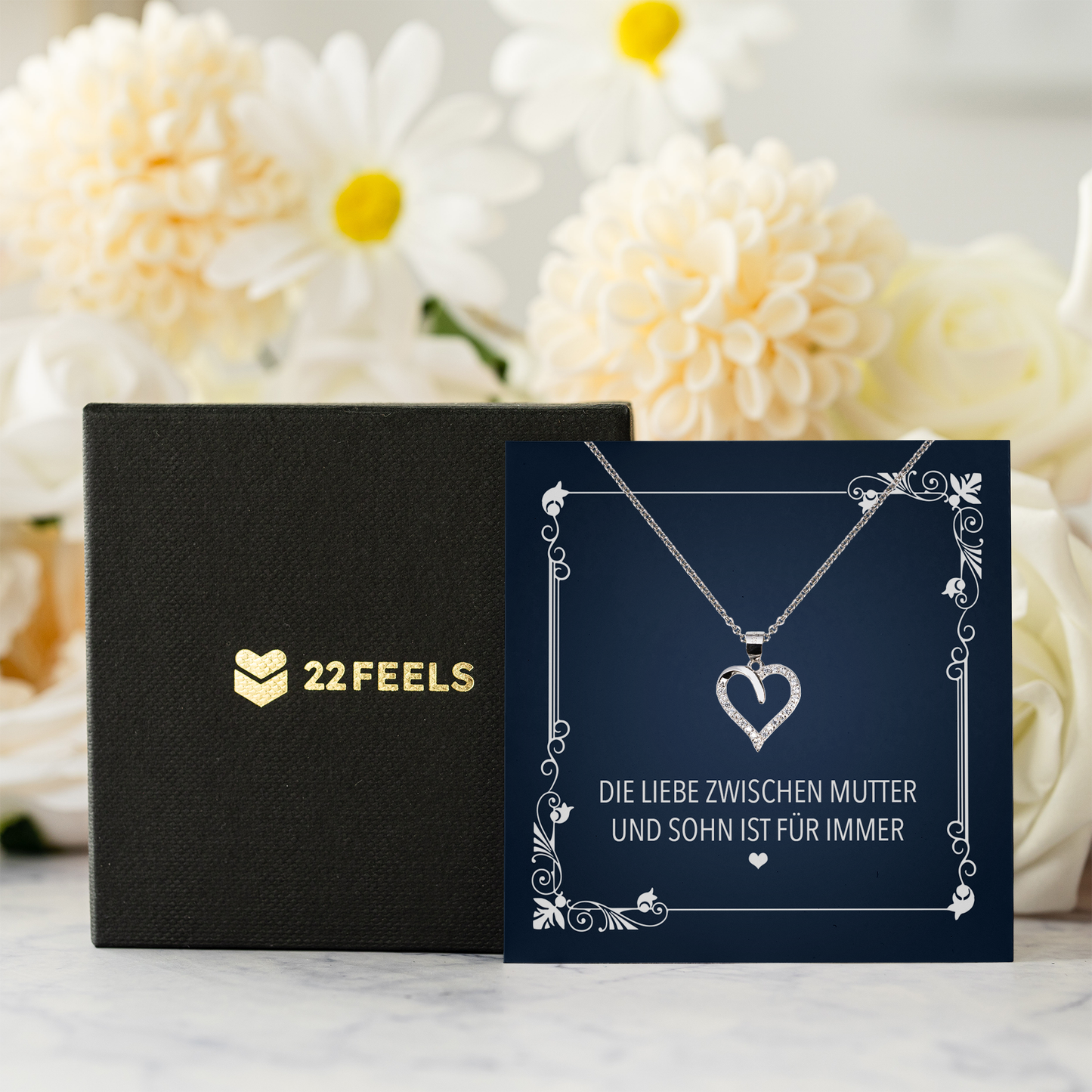 22Feels® Liebe Mama Geschenk vom Sohn - Echt Silber 925/000 Schmuckset: Herz Halskette mit Botschaftskarte-Schmuck mit Botschaftskarte - Herz21-22Feels