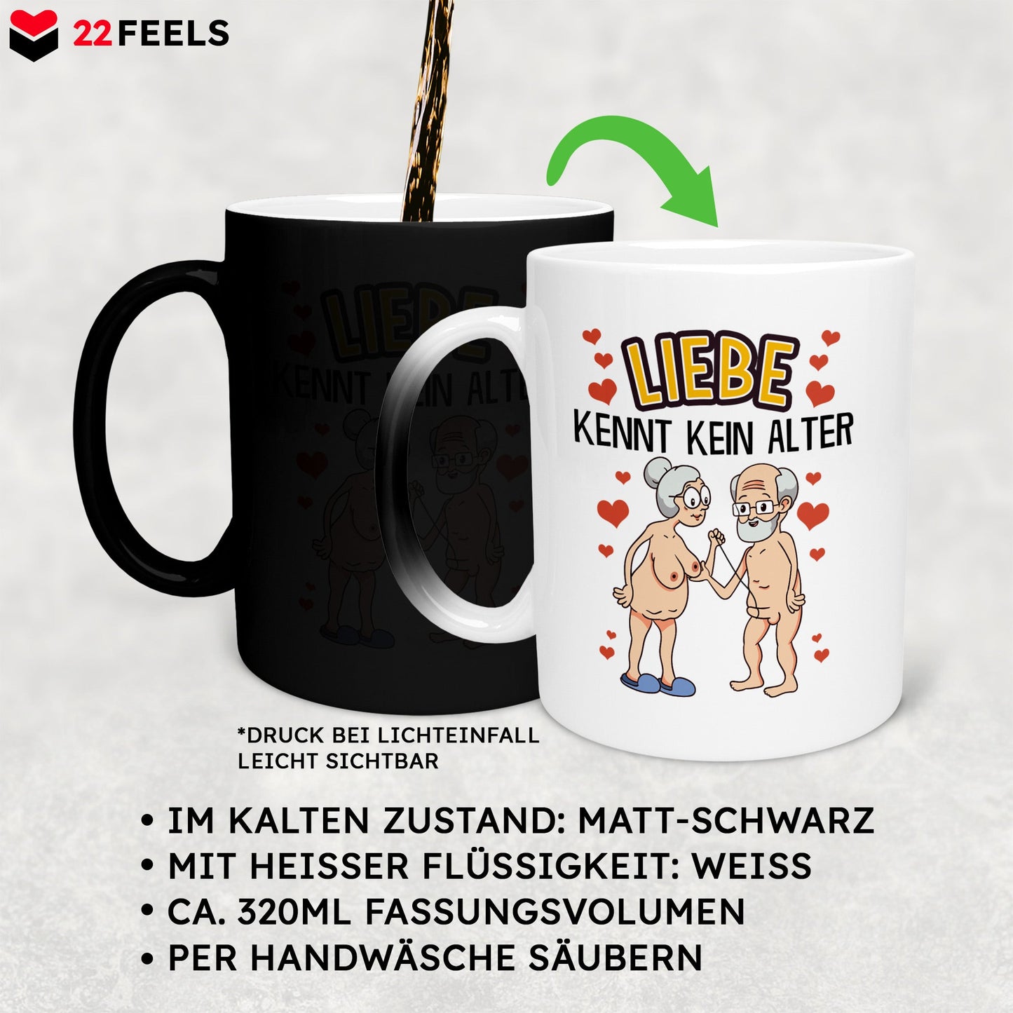 22Feels® Paar Geschenk zum Jahrestag, Hochzeitstag, Valentinstag etc. - Zaubertasse mit Spruch: Liebe kennt kein Alter (Matt-Schwarz und Weiss, 320ml)-Farbwechsel Tasse Matt 320ml-22Feels